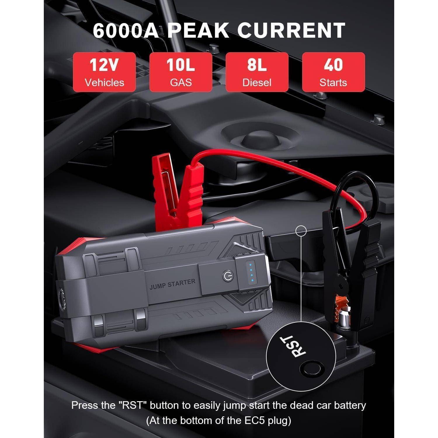 Povasee UltraSafe Starthilfe Powerbank für Pkw, 6000A Booster Auto Starthilfe (bis zu 10L Benzin/8L Diesel), Starter Powerbank mit Starthilfekabel