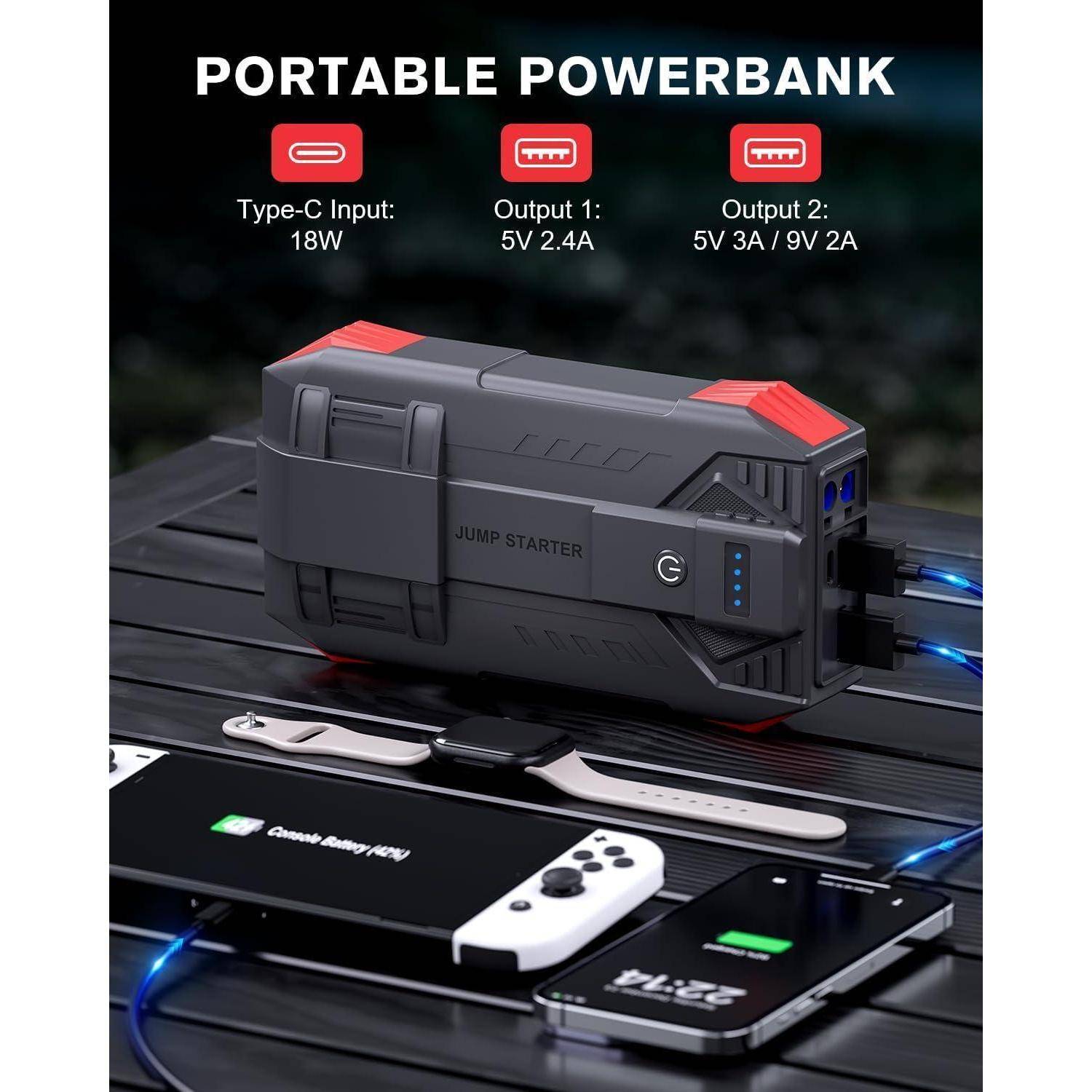 Povasee UltraSafe Starthilfe Powerbank für Pkw, 6000A Booster Auto Starthilfe (bis zu 10L Benzin/8L Diesel), Starter Powerbank mit Starthilfekabel