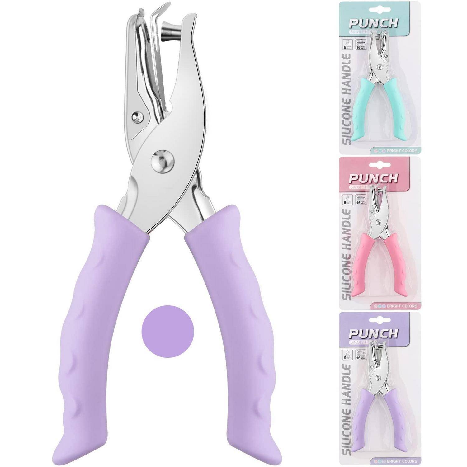 Lochstanze mit violettem Griff aus Metall, rechts mit drei verpackten Farboptionen dargestellt: Türkis, Rosa und Violett.