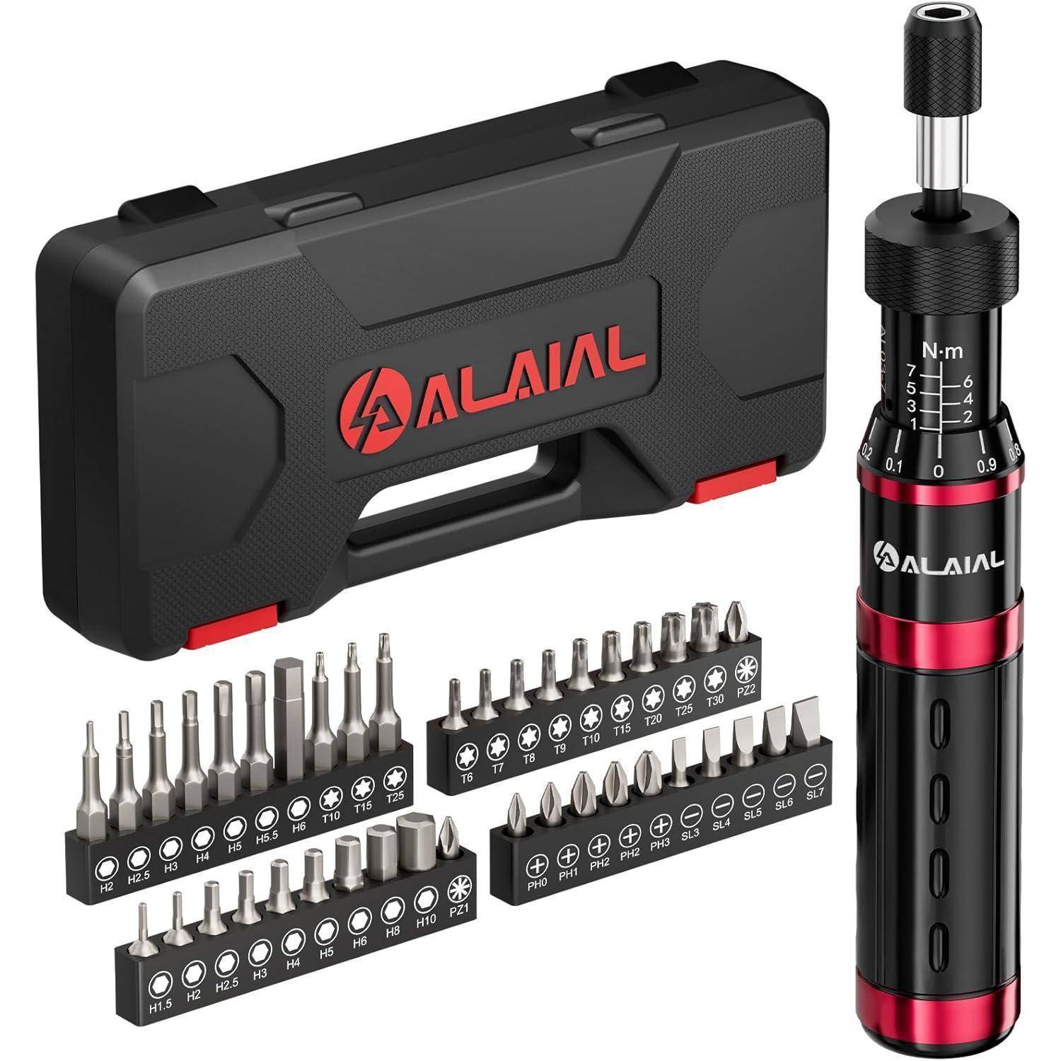 ALAIAL Drehmoment Schraubendreher, 1-7 Nm Drehmomentschlüssel Schraubendreher Set, 41 tlg. 1/4 Zoll Drehmomentschrauber für Werkzeuge, Fahrrad 1-7Nm