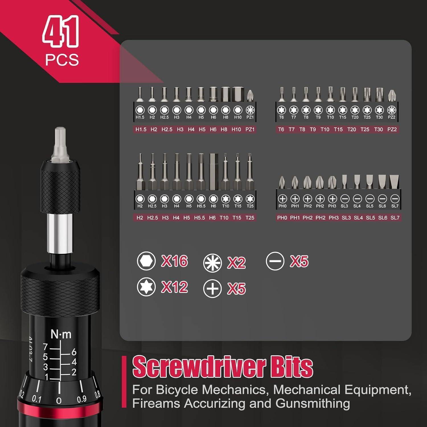 ALAIAL Drehmoment Schraubendreher, 1-7 Nm Drehmomentschlüssel Schraubendreher Set, 41 tlg. 1/4 Zoll Drehmomentschrauber für Werkzeuge, Fahrrad 1-7Nm