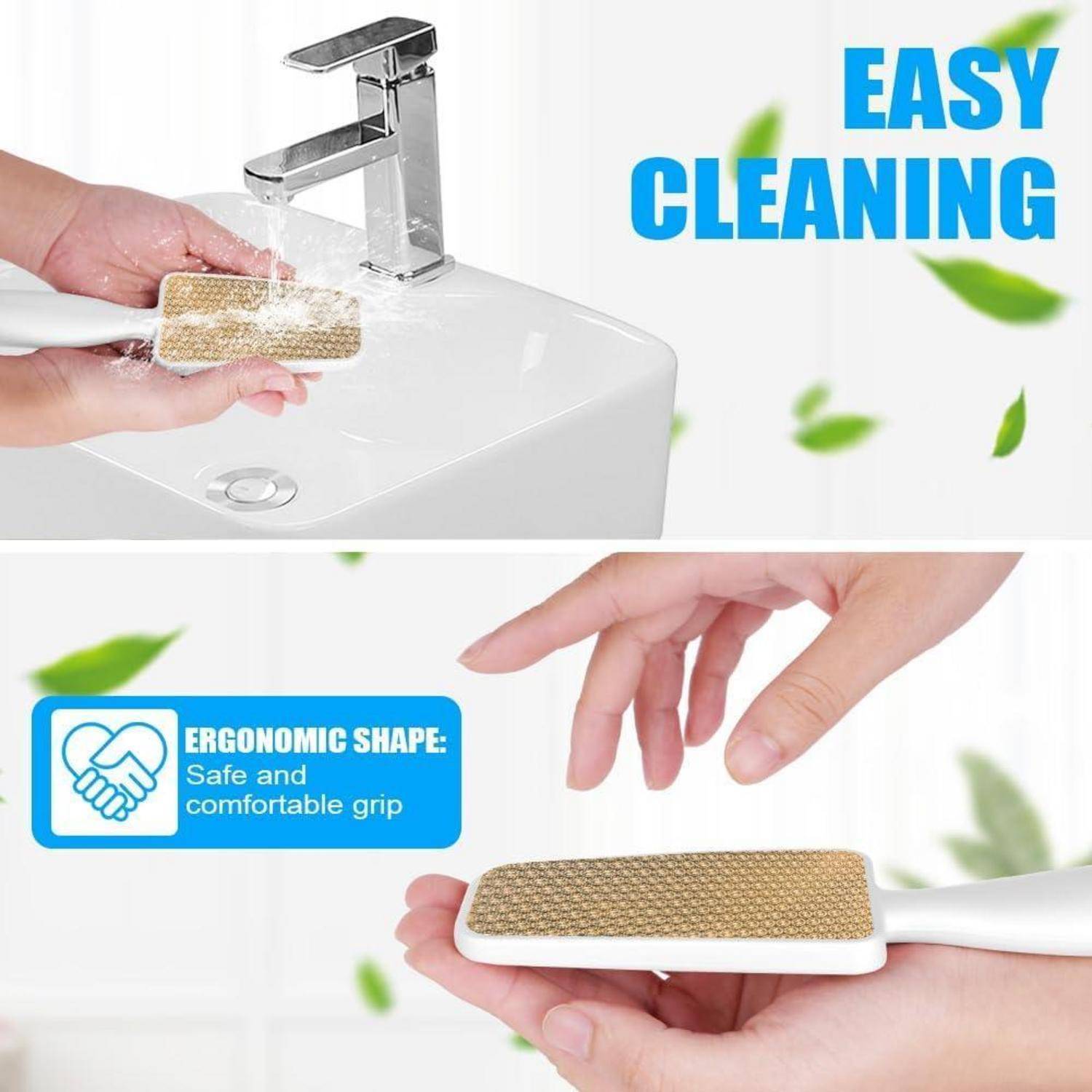 Handreinigun eines Wasserhahns und Waschbeckens mit einer ergonomischen Reinigungsbürste; Werbegrafik zeigt die Texte „EINFACHE REINIGUNG