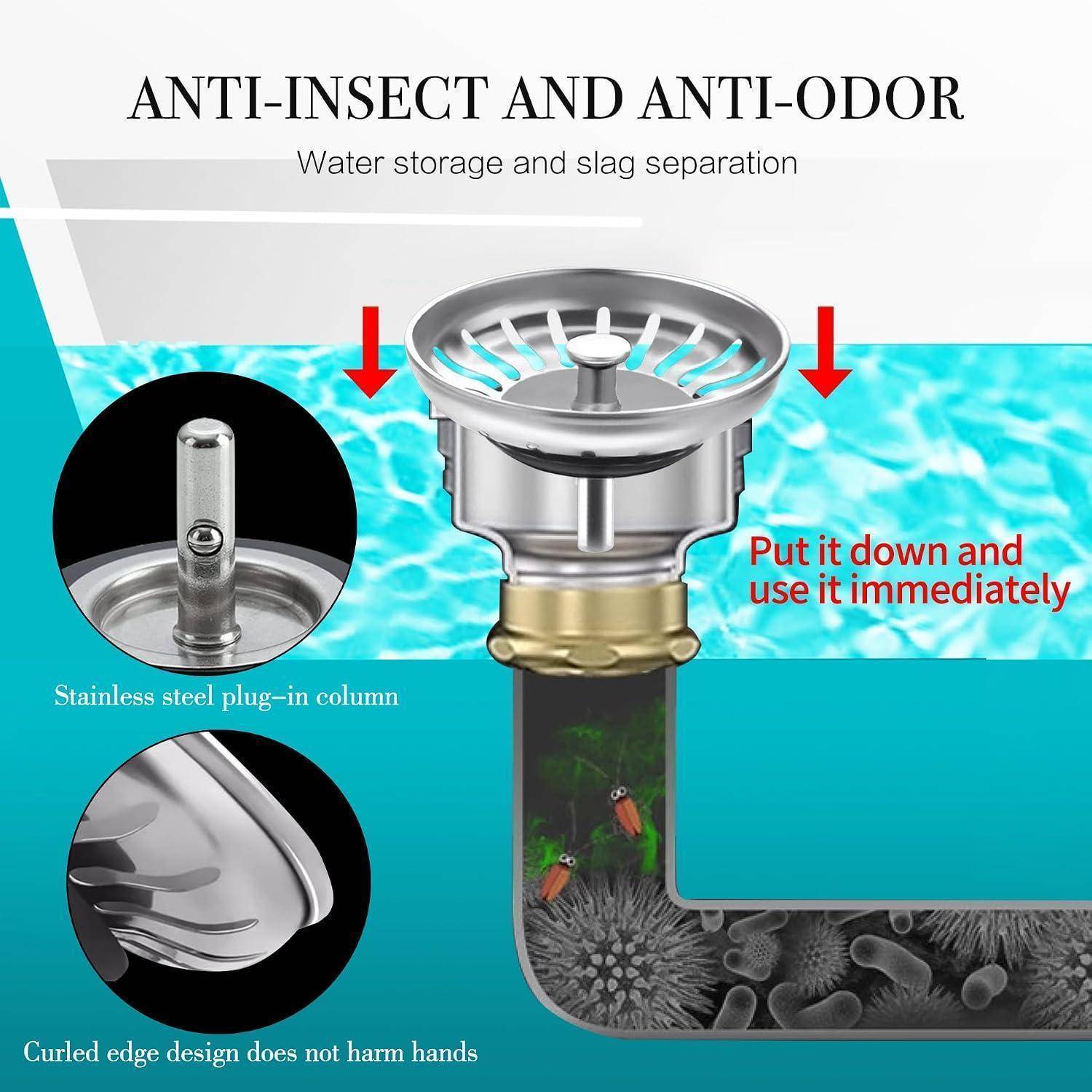 Produktgrafik eines Edelstahl-Spülbeckenablauf-Siebs mit Insektenschutz- und Geruchsschutzfunktionen, mit Wasserspeicherung, Schlackentrennung und gewölbter Kantenkonstruktion.