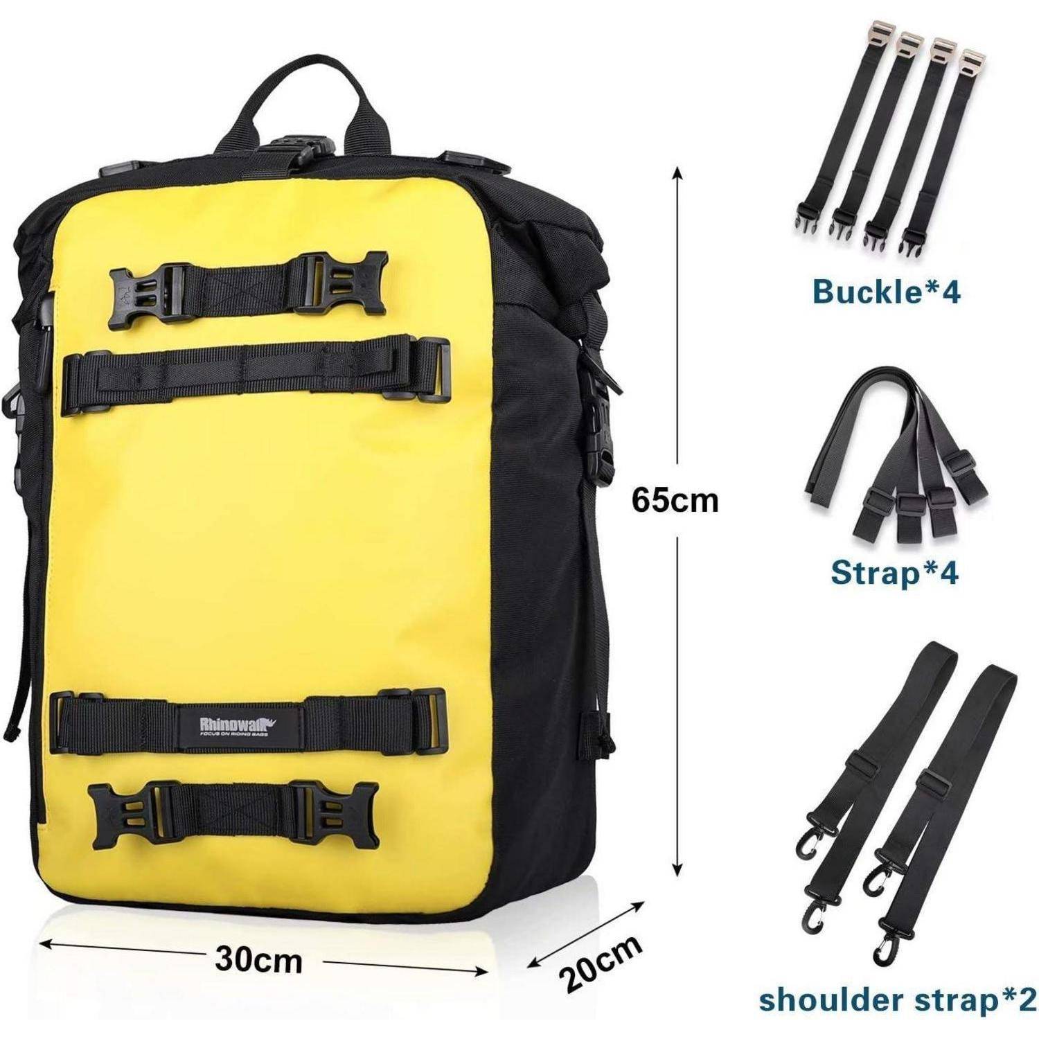 Gelb-schwarzer Rucksack mit Größenangaben 65 cm hoch, 30 cm breit, 20 cm tief, plus enthaltene Schnallen, Riemen und Schultergurte.