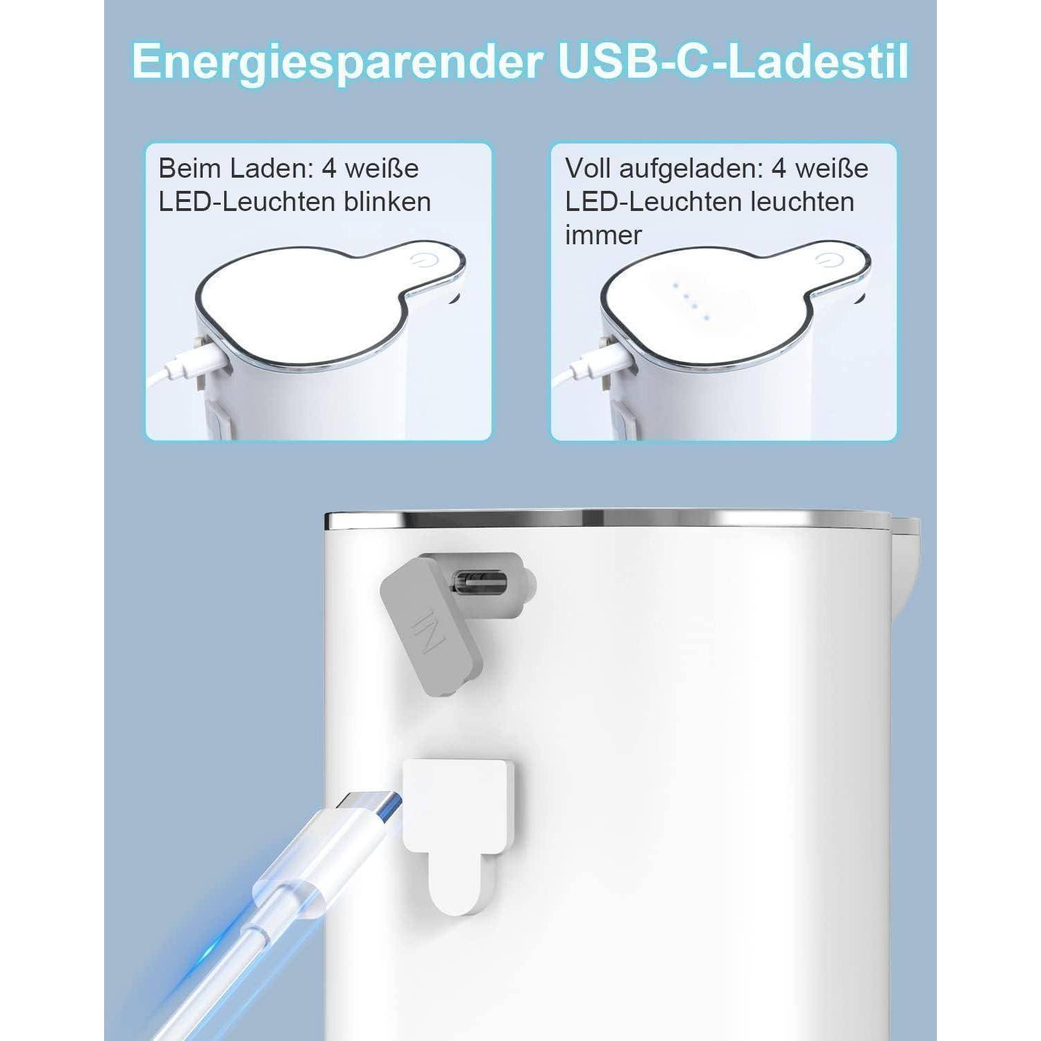 Infografik eines USB-C-Ladedeckels für einen Behälter: Titel „Energiesparender USB-C-Ladestil