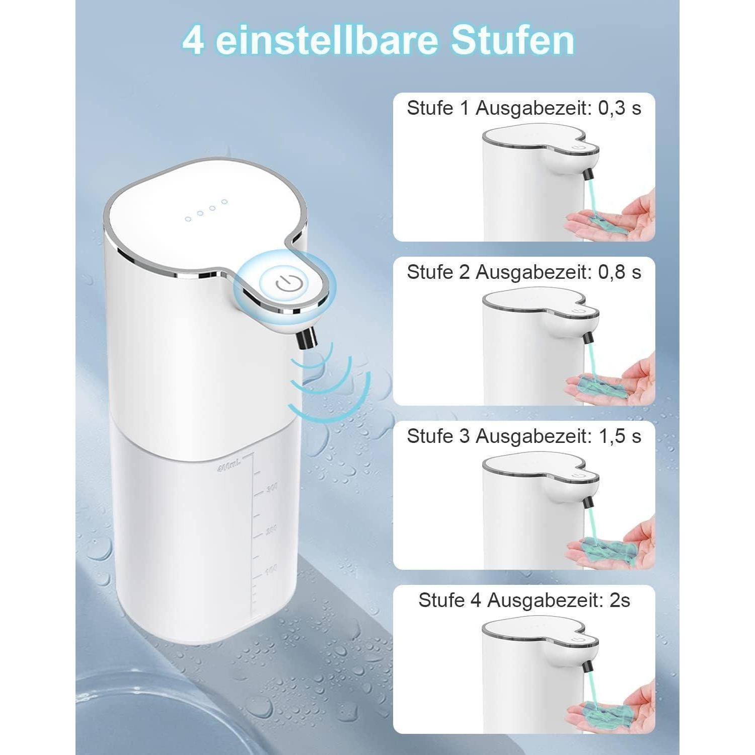 Werbegrafik eines weißen Arbeitsplatten-Wasserspenders mit oberer Einschalttaste, die 4 einstellbare Abgabestufen zeigt: 0,3, 0,8, 1,5 und 2 Sekunden.