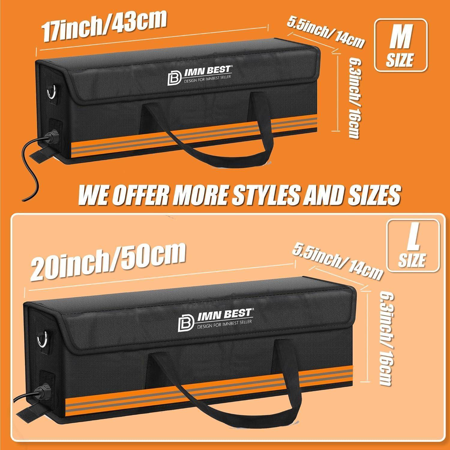 Produktanzeige mit einer IMN BEST faltbaren Aufbewahrungstasche in zwei Größen: M 17 x 5,5 x 6,3 Zoll und L 20 x 5,5 x 6,3 Zoll, mit dem Text „Wir bieten mehr Stile und Größen