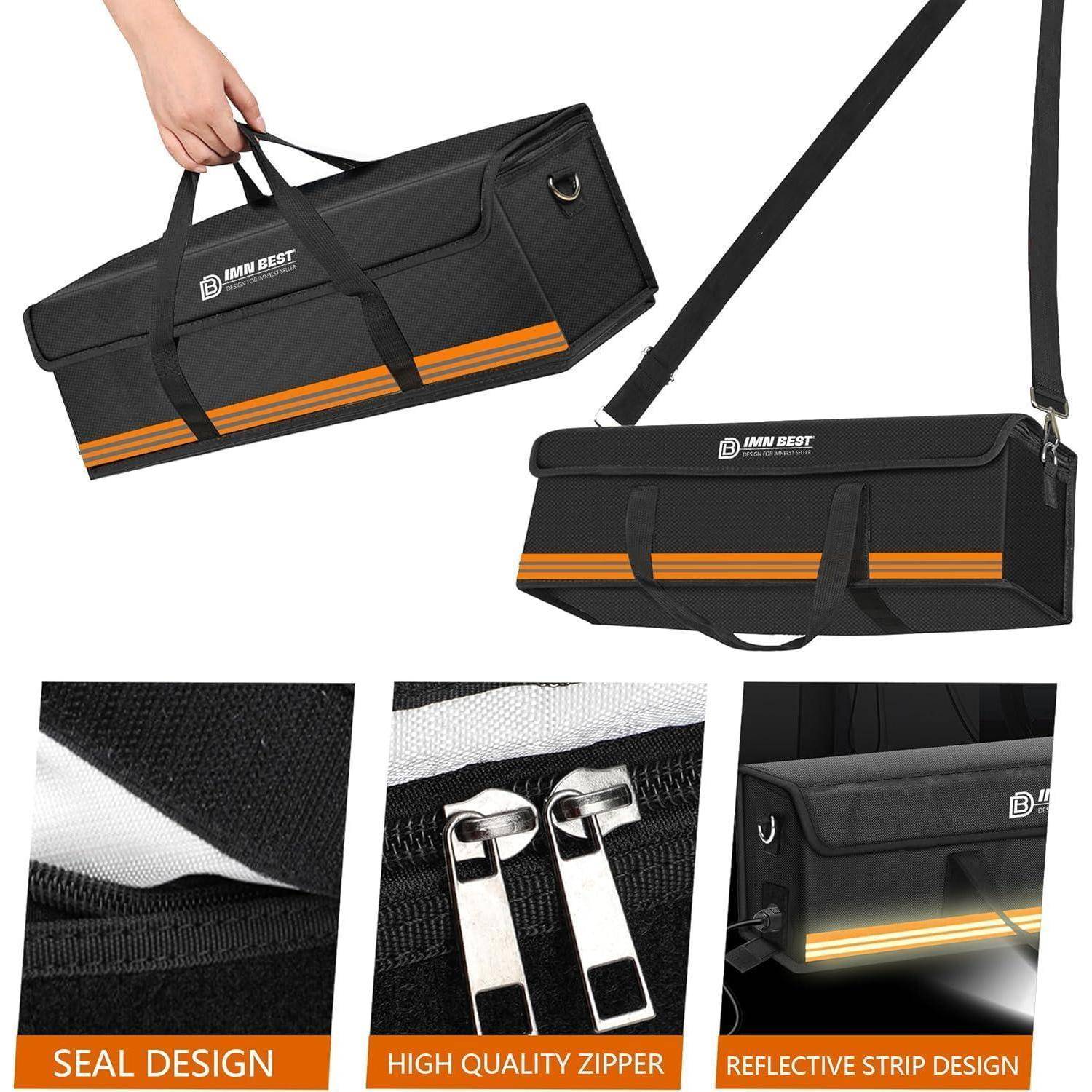 Schwarze Werkzeugtasche zum Zusammenklappen mit Griffen und Schultergurt, geöffnet und geschlossen dargestellt; Nahaufnahmen zeigen das Siegeldesign, den Metallreißverschluss und das reflektierendes Streifen.