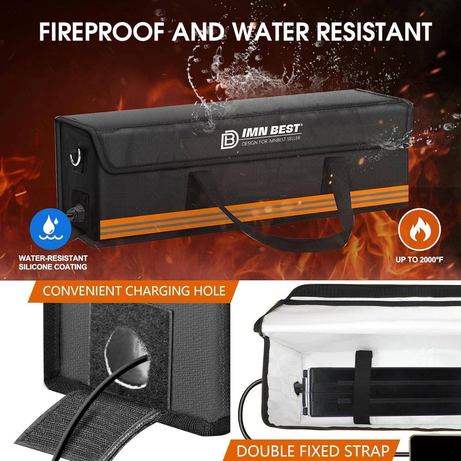 Schwarze IMN BEST feuerfeste und wasserdichte Batterietasche mit Ladefenster und doppeltem Befestigungsriemen, gezeigt mit Wasser- und Feuerbeständigkeitsangaben.