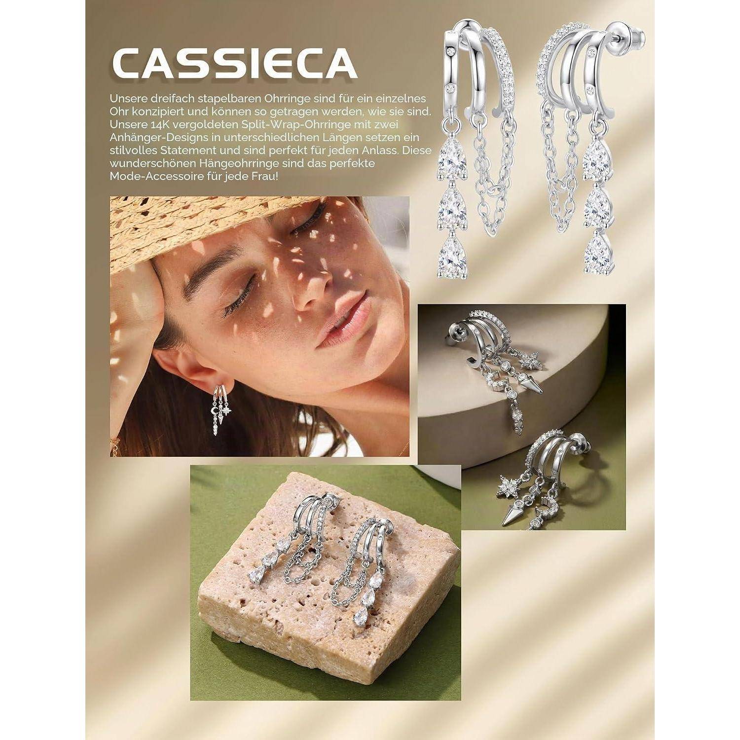 Werbekollage für CASSIECA silbertöne Ohrringe mit Hängeelementen, gezeigt an einem Modell und in der Auslage, mit Betonung auf funkelndes, elegantes Schmuckdesign.