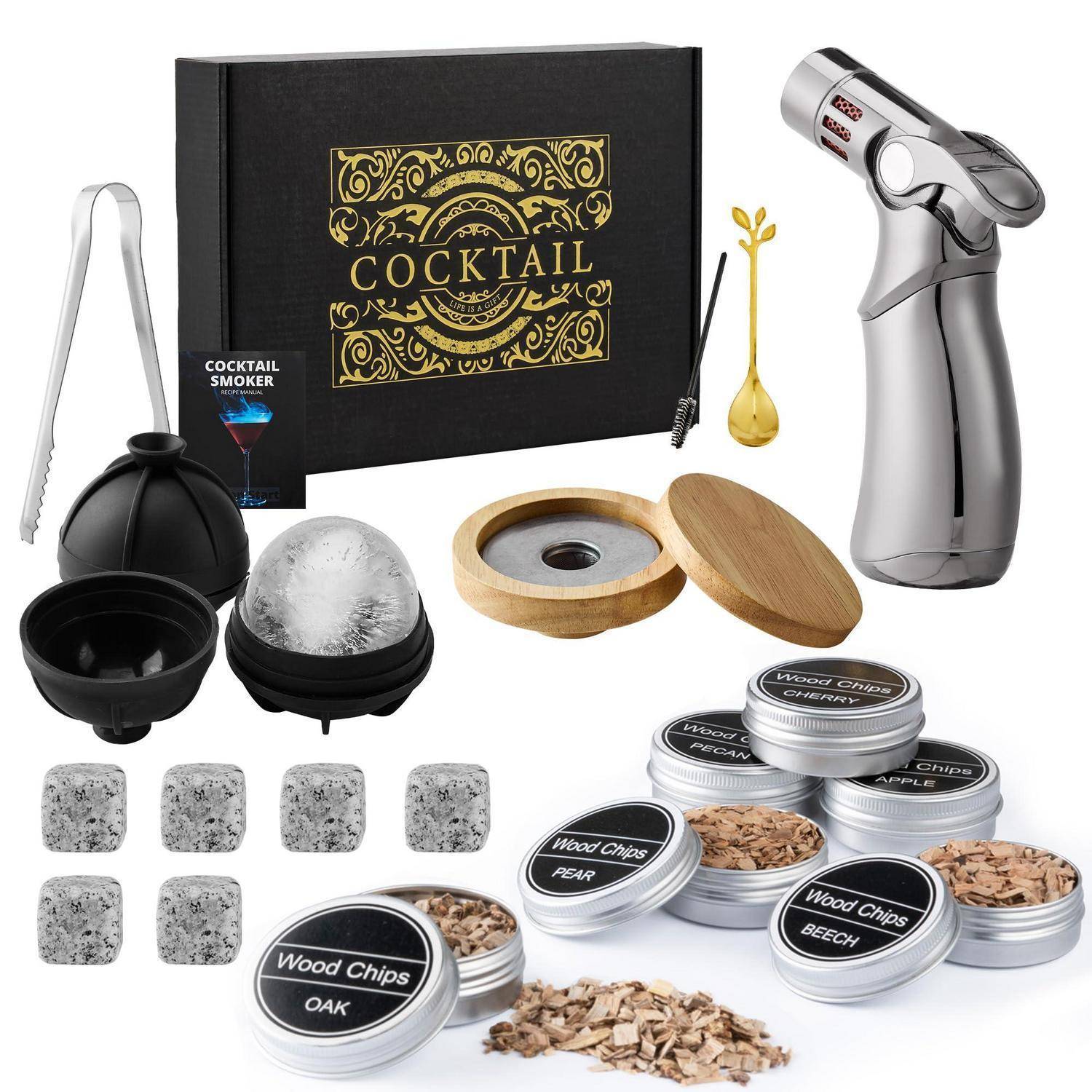 Cocktail-Räucher-Set mit Fackel, Räucherkuppel, Schalen, Holzchips, Zange, Löffel und Geschenkbox auf weißem Hintergrund angezeigt.