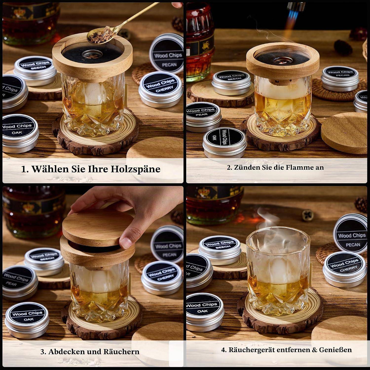 Vierschrittiger Fotoleitfaden für ein Whiskey-Rauchgerät: Holzchips hinzufügen, diese anzünden, das Glas abdecken zum Räuchern, dann das Rauchgerät entfernen und genießen.