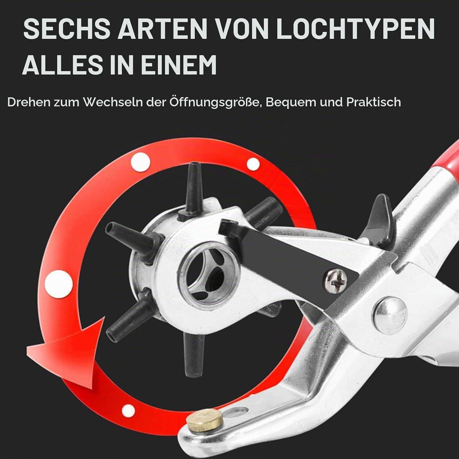 Werbebild eines Locher-Drehwerkzeugs mit einem roten Pfeil, der die Wahlscheiben-Einstellung zeigt; deutscher Text sagt „sechs Lochtypen in einem" und „drehen Sie, um die Öffnungsgröße zu ändern"