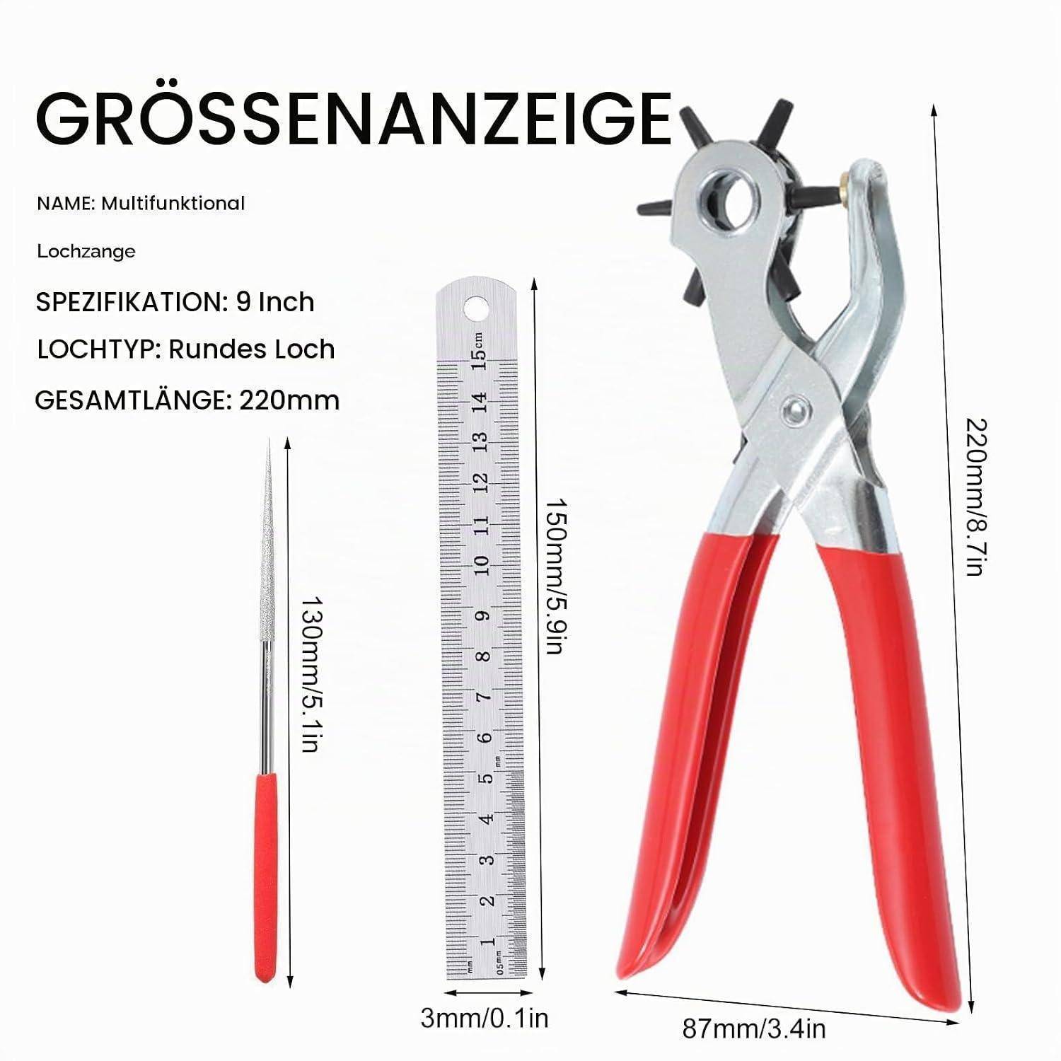 Produktgrößengrafik für einen multifunktionalen Lederlochstanzer: Gesamtlänge von 220 mm, 9-Zoll-Rundloch-Werkzeug, mit Lineal und Nadel zur Größendarstellung.