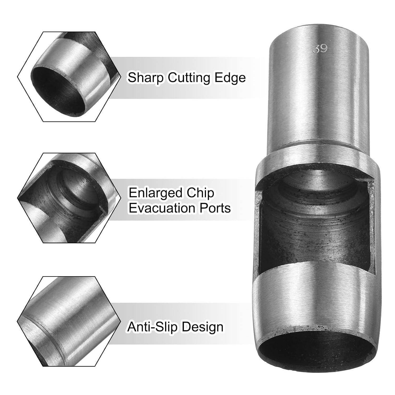Diagramm eines Metallschneidewerkzeugs mit einer scharfen Schneidkante, vergrößerten Spanaustrittskammern und rutschfestem Design, mit Detailansicht des Werkzeugkörpers.