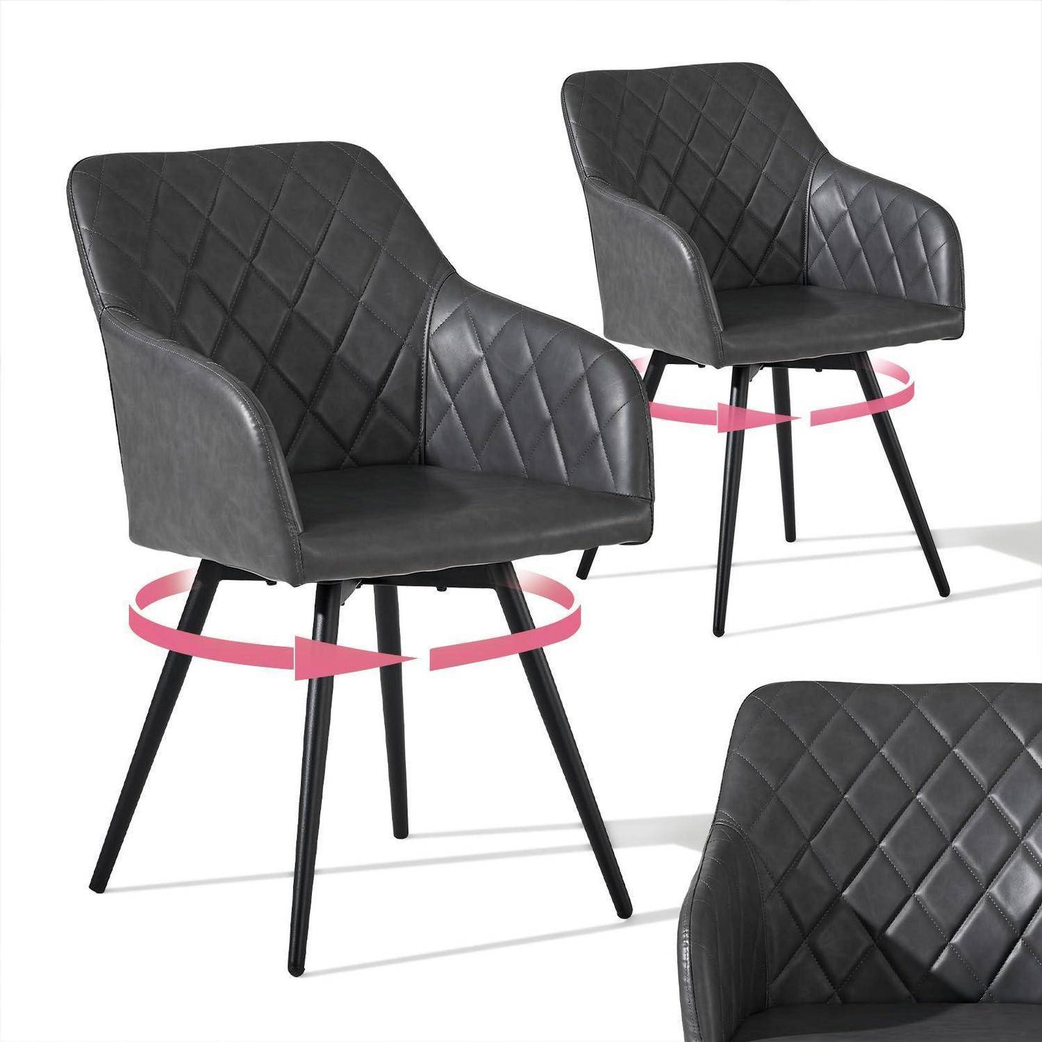Schwarzer gesteppter, gepolsterter Esszimmerstuhl aus mehreren Blickwinkeln gezeigt, mit rosa Pfeilen, die die Drehfunktion und die schlanken schwarzen Beine hervorheben.