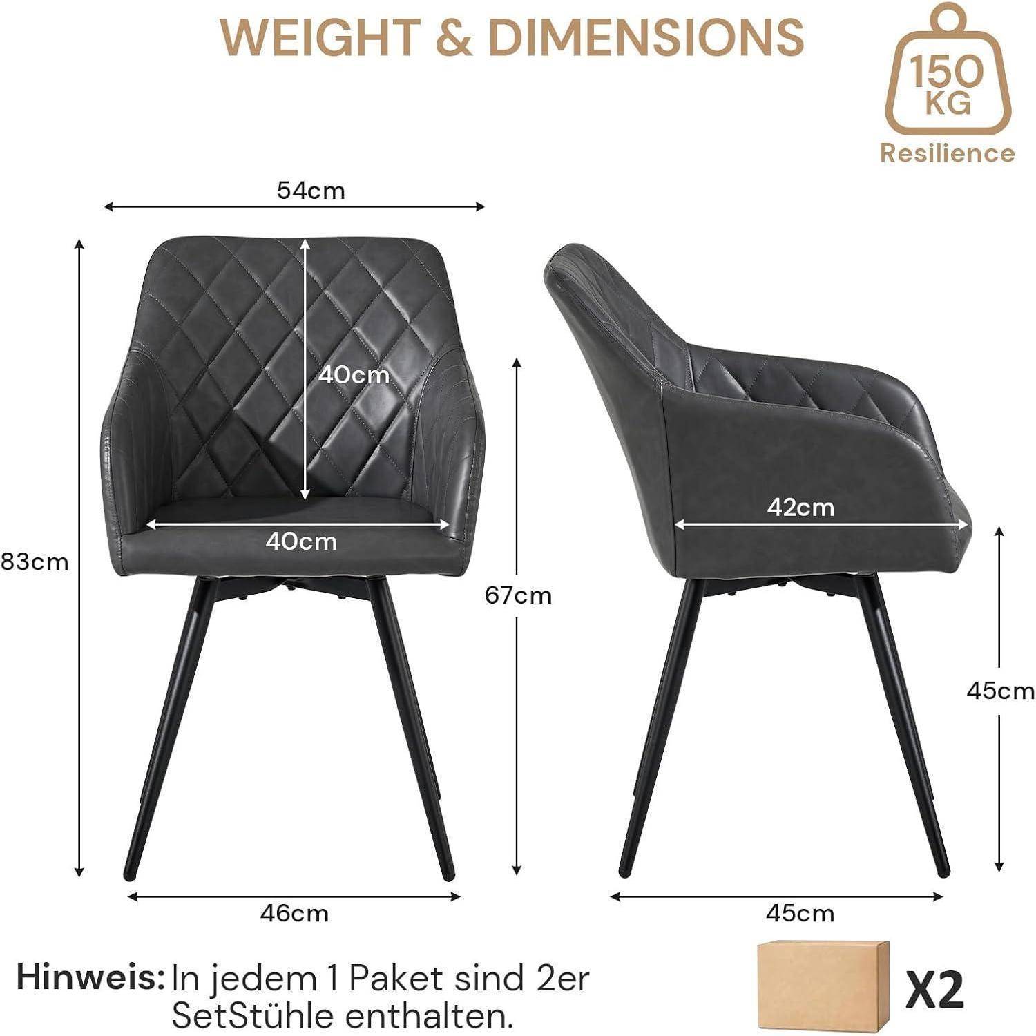 Produktabmessungsdiagramm für einen schwarz gepolsterten Stuhl: 54 cm breit, 83 cm hoch, 46 cm Beinbreite, 40 cm Sitztiefe, 42 cm Seitentiefe, 67 cm Rückenhöhe, 45 cm Sitzhöhe; 150 kg Tragfähigkeit, verkauft als 2 Stühle pro Packung.