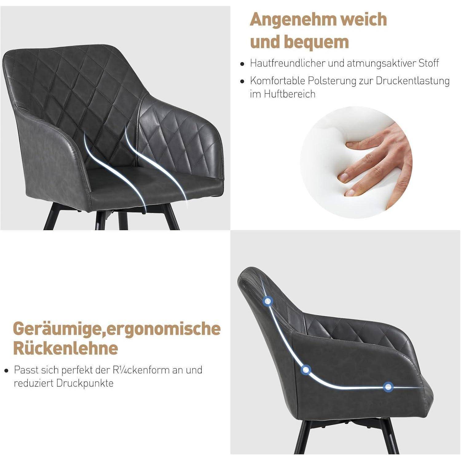 Werbegrafikbild eines schwarz gepolsterten Stuhls, das Komfortfunktionen hervorhebt: atmungsaktive, hautfreundliche Polsterung, Druckentlastung und eine großzügige ergonomische Rückenlehne.