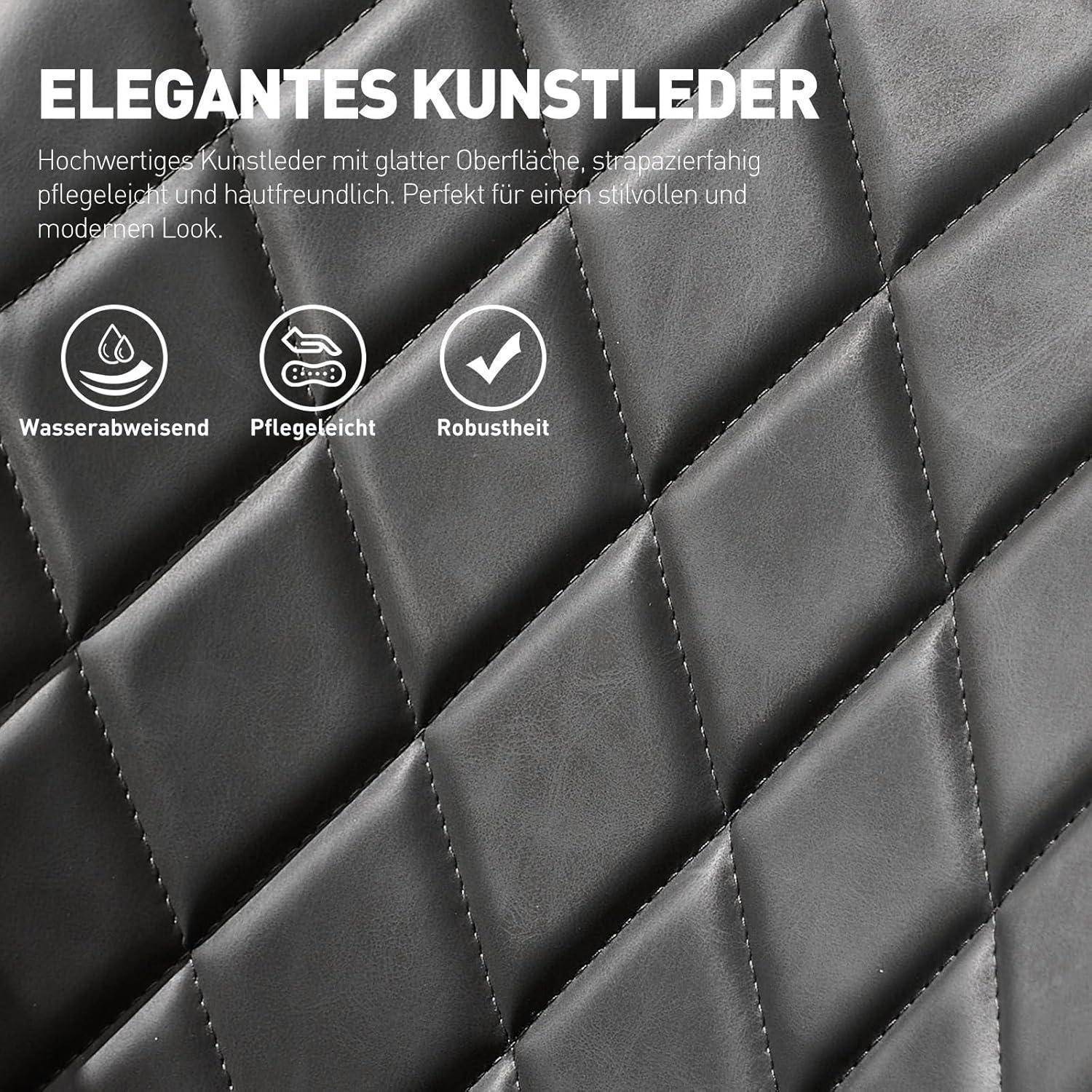 Nahaufnahme von schwarzem gestepptem Kunstleder mit deutschem Text „Elegantes Kunstleder