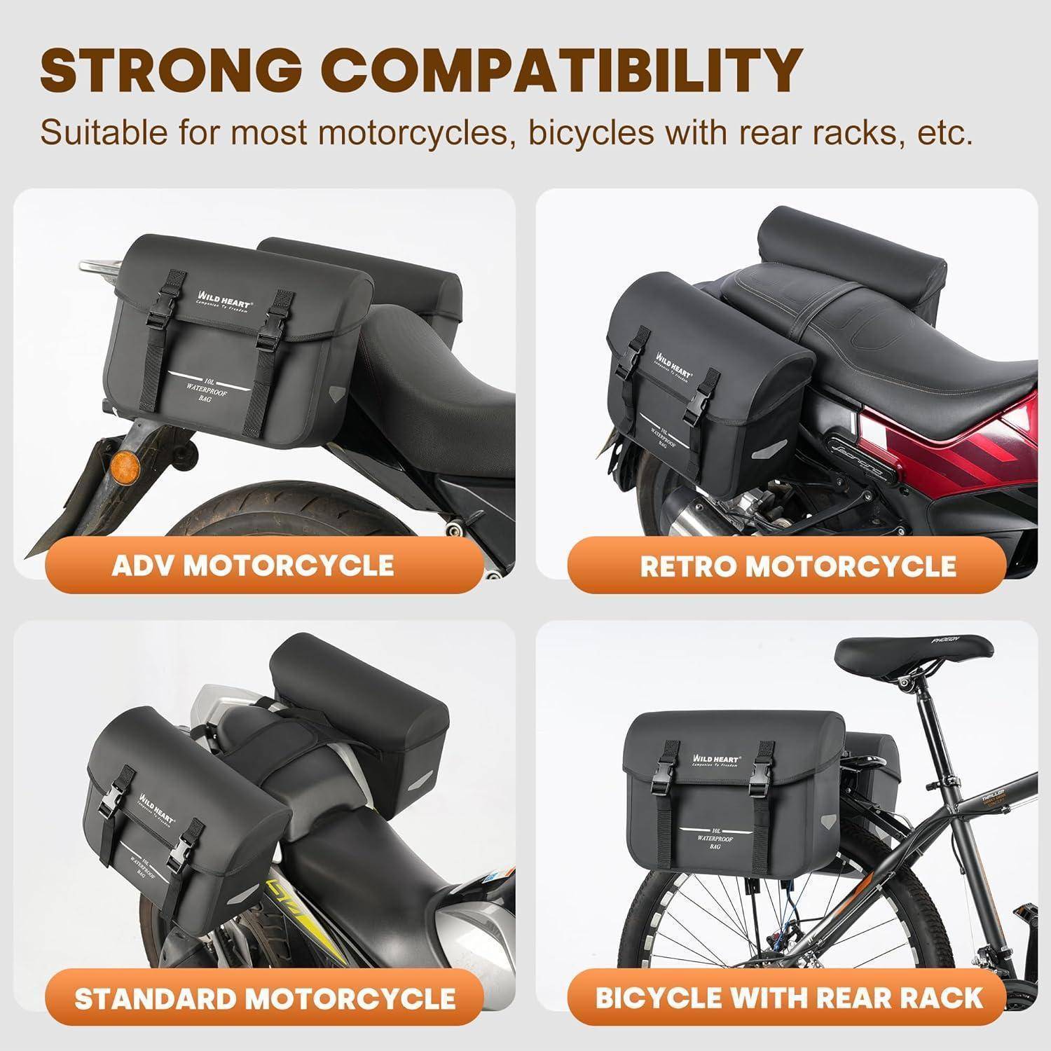 Kompatibilitätsanzeige mit einer schwarzen wasserdichten Tasche auf einem Adventure-Motorrad, Retro-Motorrad, Standard-Motorrad und Fahrrad mit Gepäckträger; der Text lautet „STARKE KOMPATIBILITÄT" und „Geeignet für die meisten Motorräder, Fahrräder mit Gepäckträgern usw."