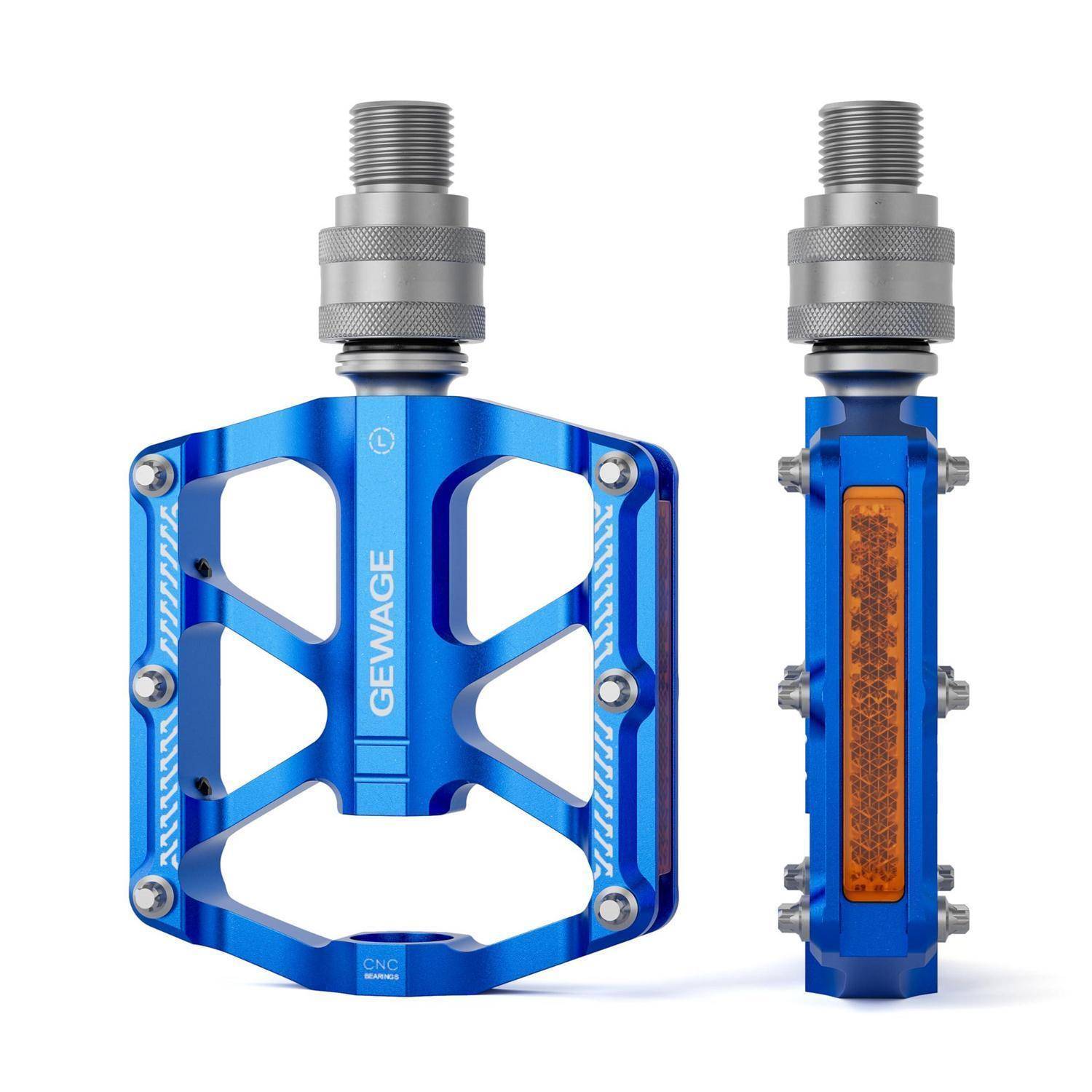 Blaues Fahrradpedal von vorne und von der Seite gezeigt, mit metallischer Gewindespindel und orangefarbigem Reflektorstreifen.