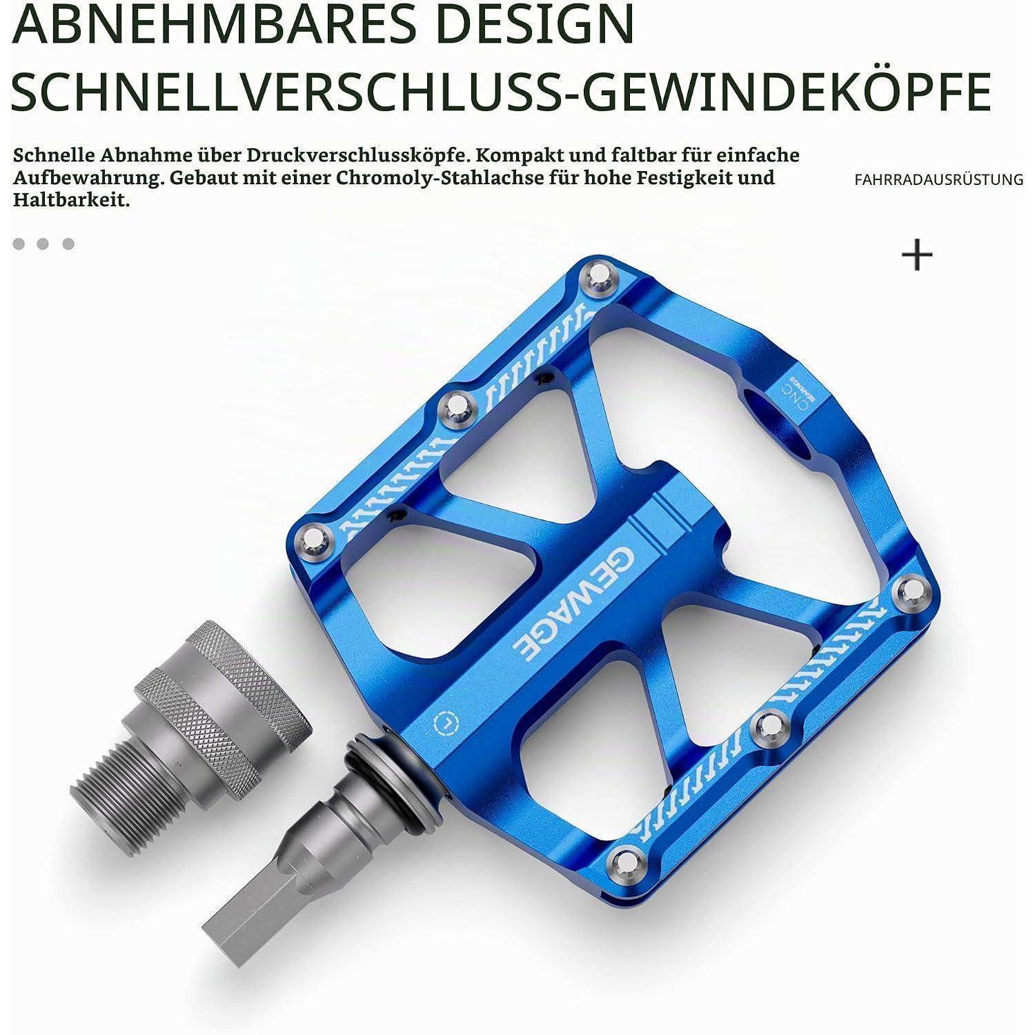 Blaues GEWAGE-Fahrradpedal mit Schnellverschluss-Gewindelopf, gezeigt mit separatem Metalladapter, auf Deutsch gekennzeichnet als abnehmbares Design für einfache Lagerung.