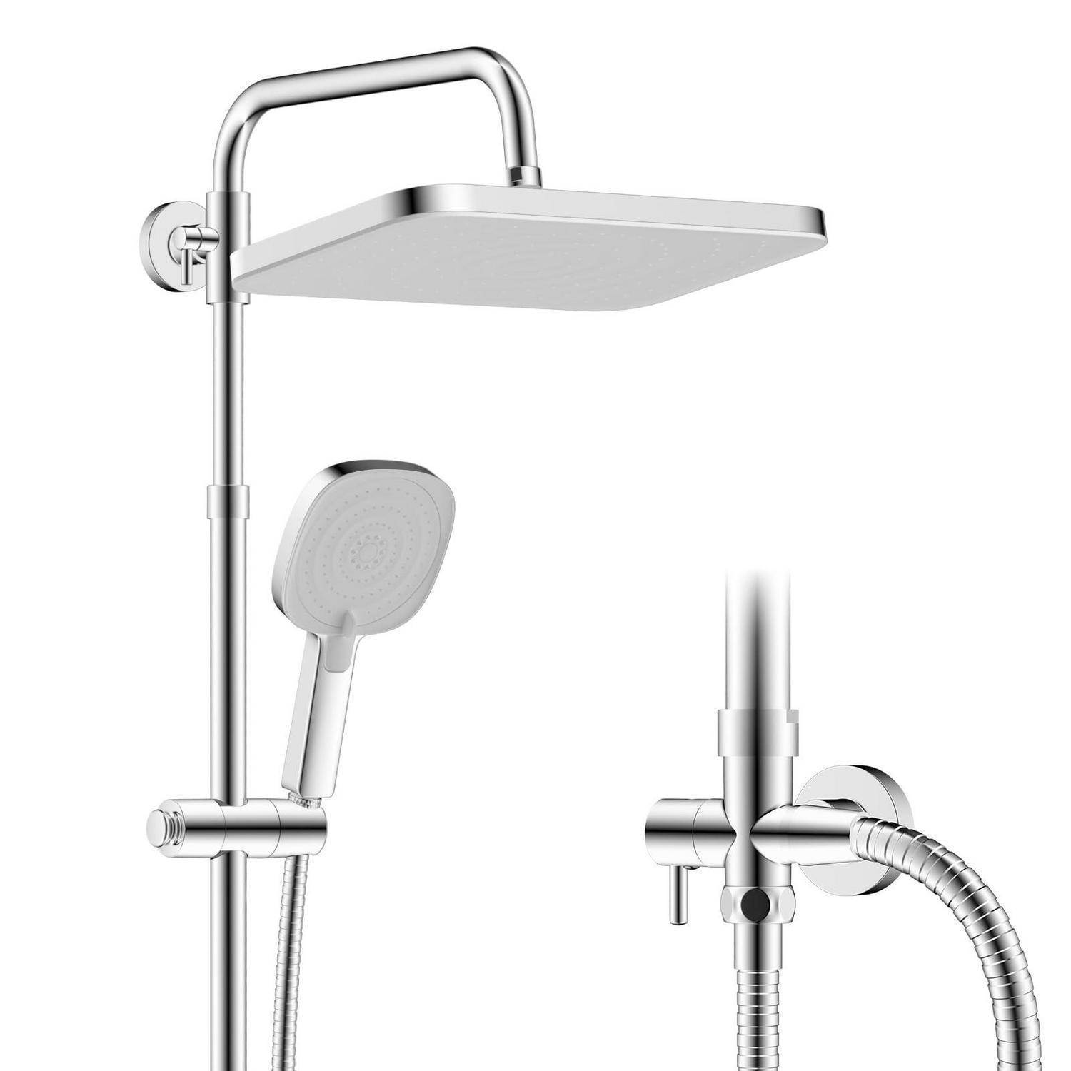 Chrom-Duscharmaturen mit quadratischem Regenduschkopf, Handbrausespritze und Mischbatterie auf weißem Hintergrund