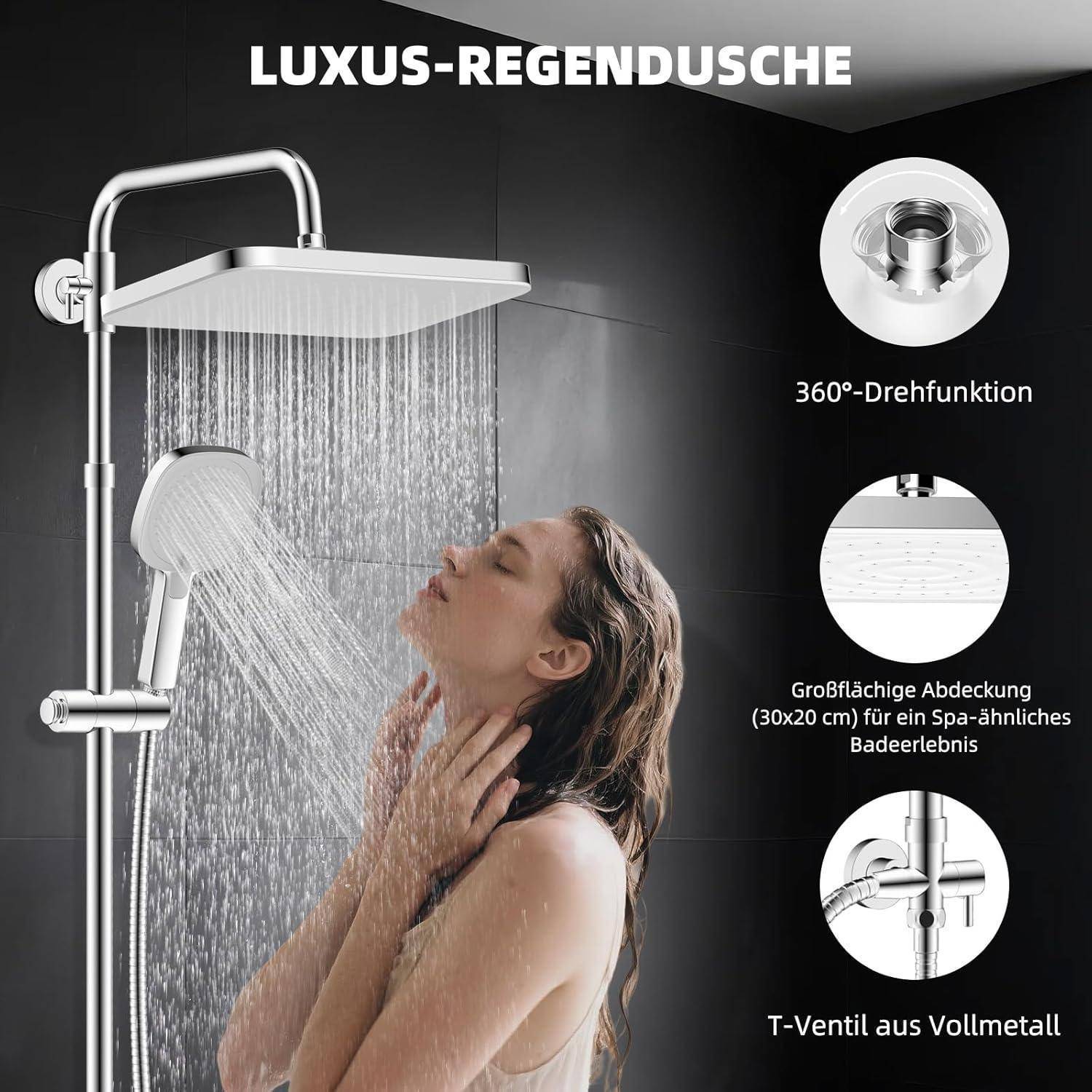 Hibbent Selbstreinigendes Regenbrause-Set mit Edelstahl-Duschstange,Weißes Panel mit Chromrahmen 30*20cm Weißes Paneel mit Chromrahmen