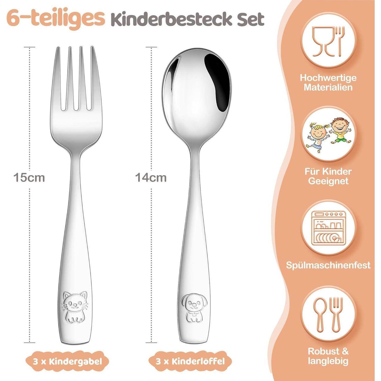 Infografik eines 6-teiligen Kindergeschirr-Sets mit 3 Gabeln und 3 Löffeln, jeweils 15 cm oder 14 cm lang, mit Symbolen für hochwertige Materialien, kinderfreundlich, spülmaschinenfest und langlebig.