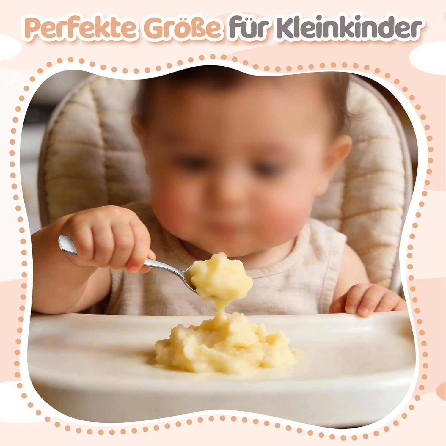 Werbebild eines Kleinkindes, das mit einem Löffel Kartoffelbrei isst; der deutsche Text lautet „Perfekte Größe für Kleinkinder" („Perfekte Größe für Kleinkinder"").