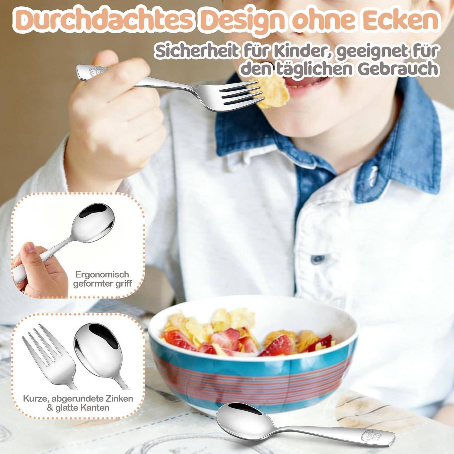 Joyfair Kinderbesteck, 6-teilig Edelstahl Kleiner Kinder Besteck Set mit Gravur, Kindergeschirr Set mit 3 x kindergabel und 3 x Kinderlöffel für Mä