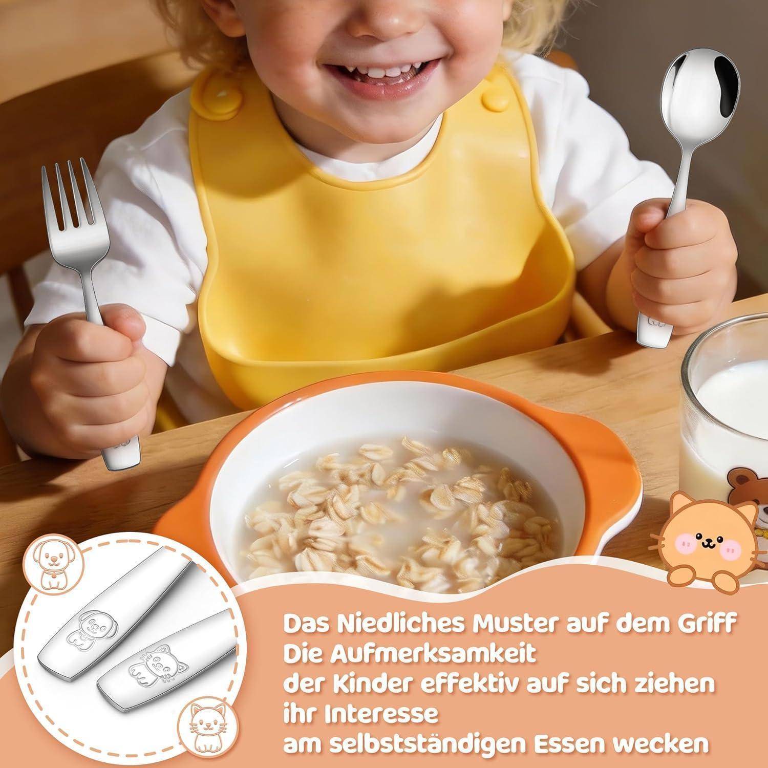 Kind mit Lächeln in einer gelben Lätzchen hält eine Gabel und einen Löffel über einer Schüssel mit Müsli; deutscher Text bewirbt niedliche Griffmuster, um Kinder zu ermutigen, unabhängig zu essen.