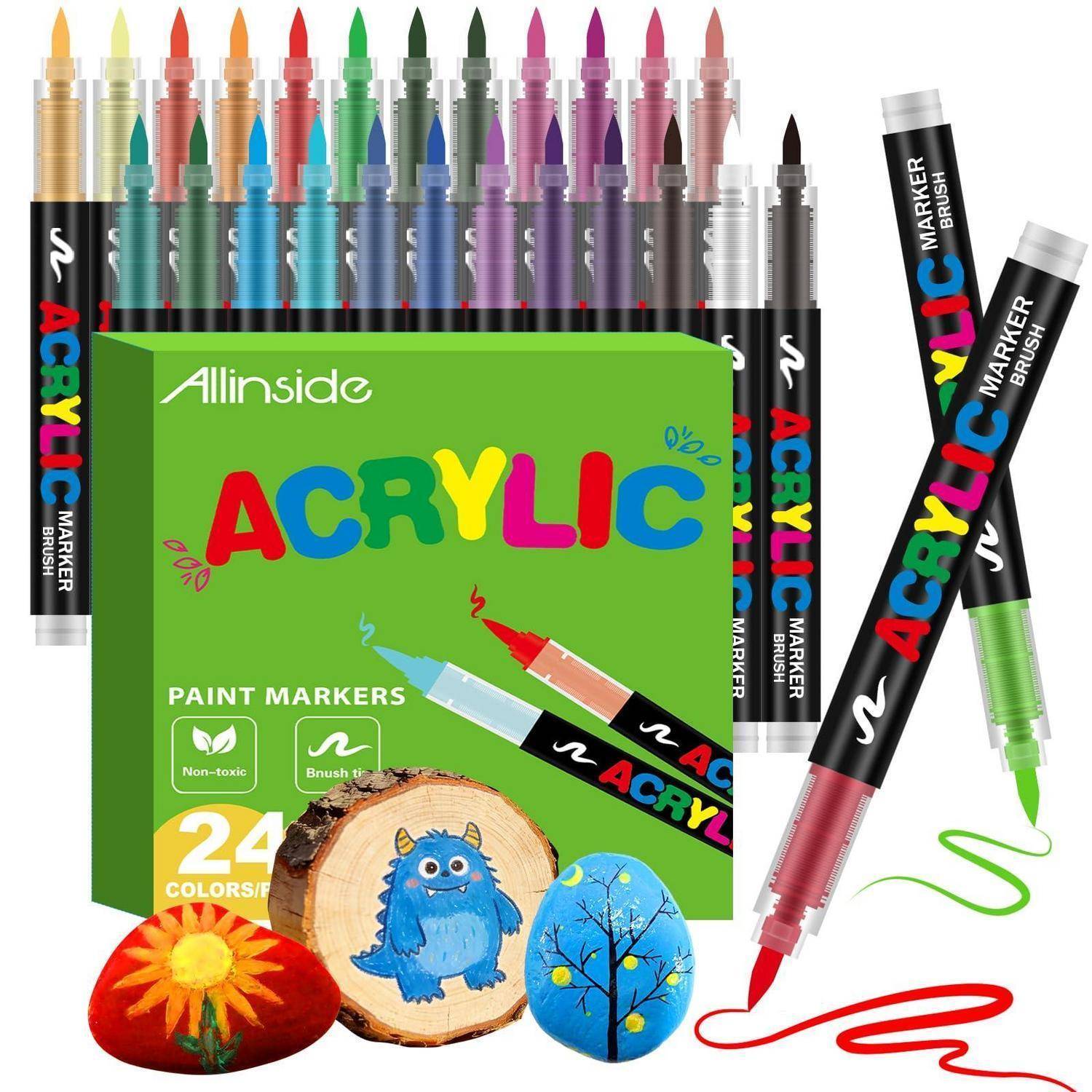 Allinside Acrylstifte für Steine Wasserfest, 24 Farben Acrylmarker mit 1-5mm Pinselspitze Acrylstifte Wasserfest für Stein, Glas, Stoff, Holz & Lein