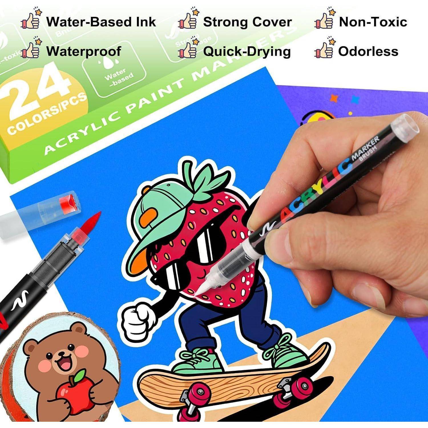 Allinside Acrylstifte für Steine Wasserfest, 24 Farben Acrylmarker mit 1-5mm Pinselspitze Acrylstifte Wasserfest für Stein, Glas, Stoff, Holz & Lein