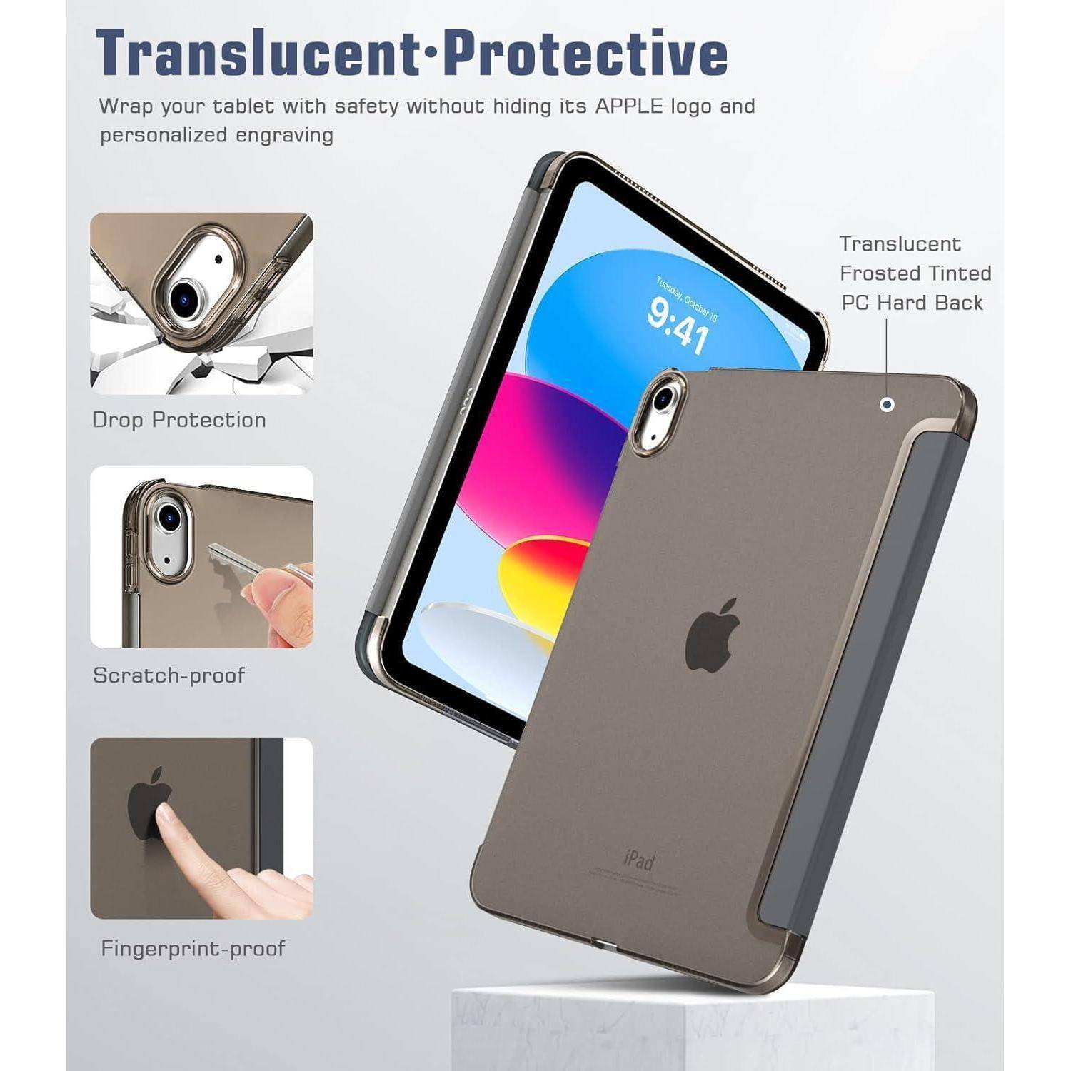 Werbebild eines durchsichtigen Schutz-iPad-Etuis, das Tropfen-, Kratzer- und Fingerabdruckschutz zeigt, mit mattiertem getöntem hartem Rücken und sichtbarem Apple-Logo.