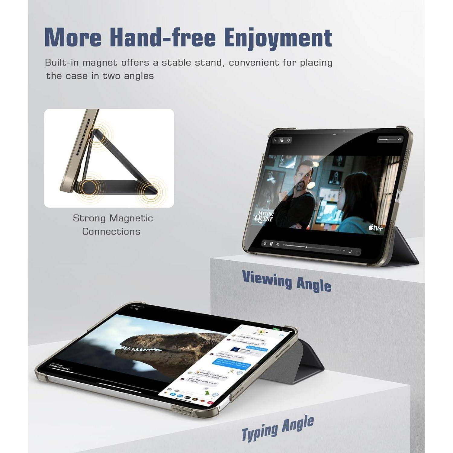 Magnetische Tablet-Schutzhülle, die auch als Ständer funktioniert, mit Darstellung von Bild- und Schreibwinkeln sowie den Texten „Starke magnetische Verbindungen" und „Mehr freihändiges Vergnügen"".