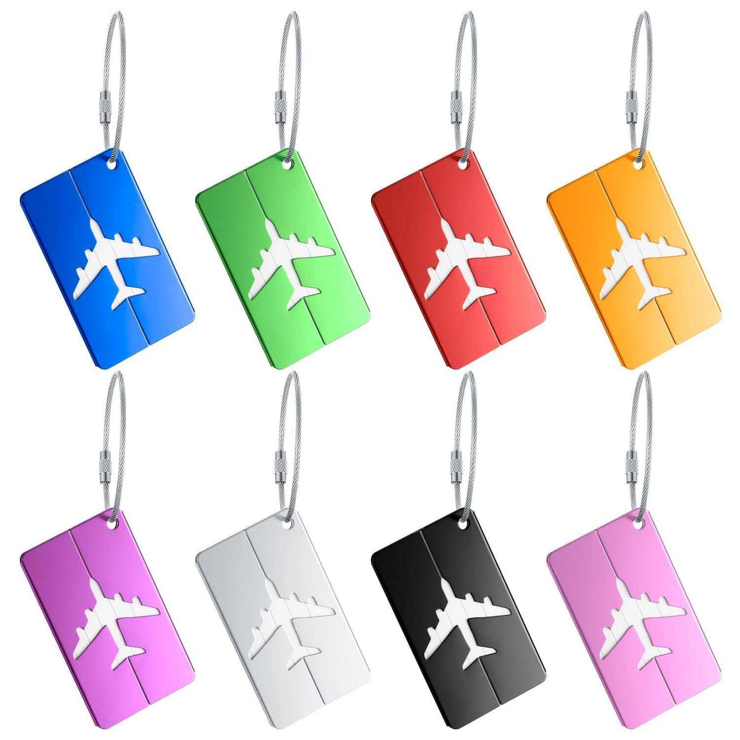 Acht bunte Flugzeug-Gepäckanhänger mit Kabeln, gezeigt in Blau, Grün, Rot, Orange, Lila, Silber, Schwarz und Rosa.