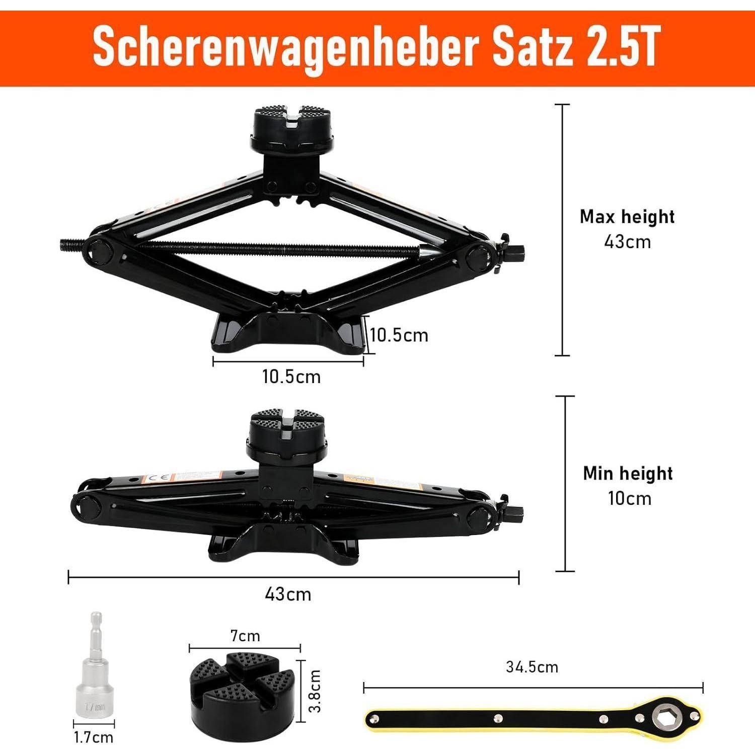 Wagenheber 2.5T (2500kg), Universeller Scherenwagenheber, Maximale Höhe bis zu 43cm, Tragbarer Wagenhebersatz für Auto, SUV, MPV und Andere Fahrzeug