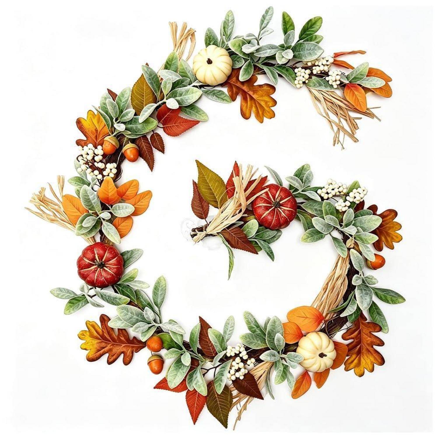 Herbstkranz aus Blättern, Beeren, Weizen, Eicheln und kleinen Kürbissen, die in einem kreisförmigen Rahmen auf weißem Hintergrund angeordnet sind.