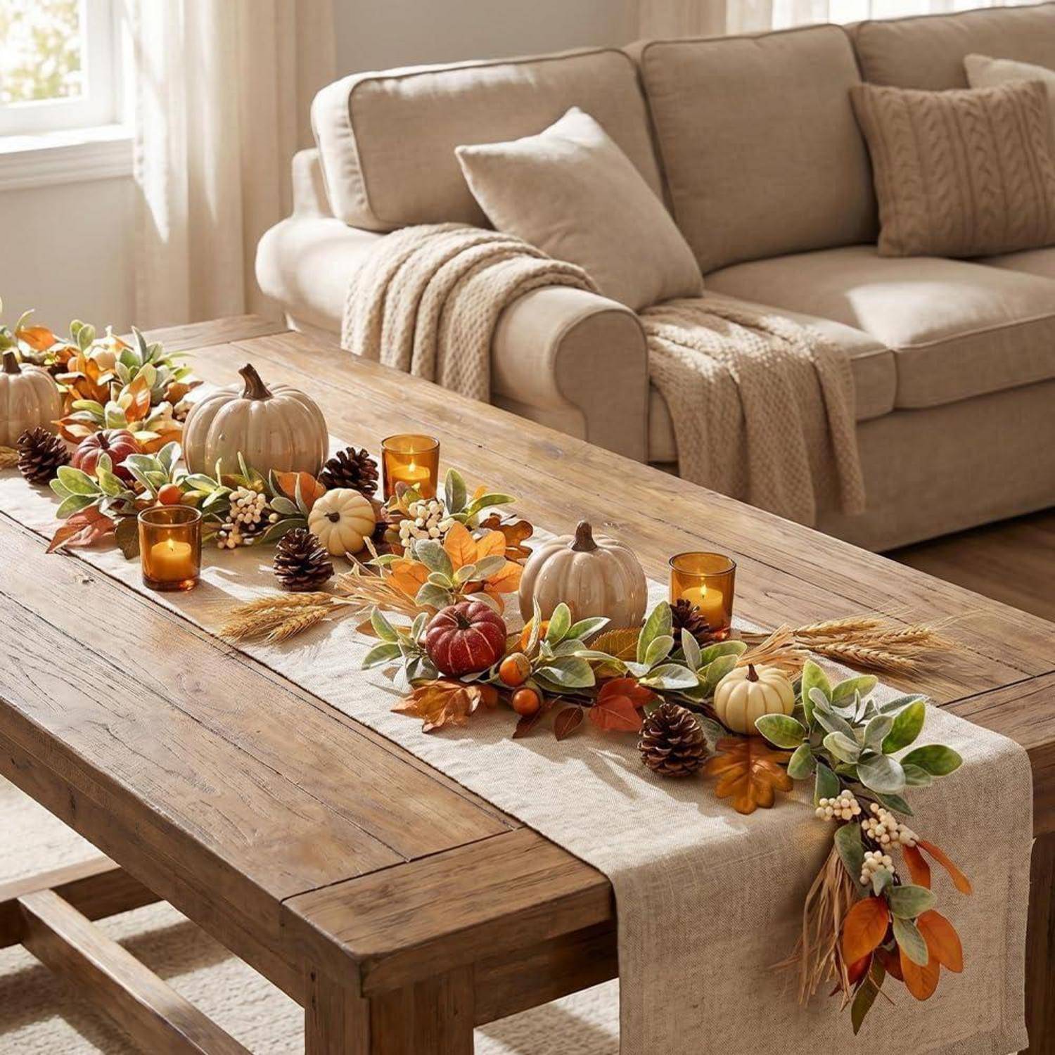 Herbstliches Wohnzimmer-Tischdekorationsstück auf einem hölzernen Couchtisch: Kunstkürbisse, Kerzen, Tannenzapfen und Herbstblätter auf einem Tischläufer arrangiert.
