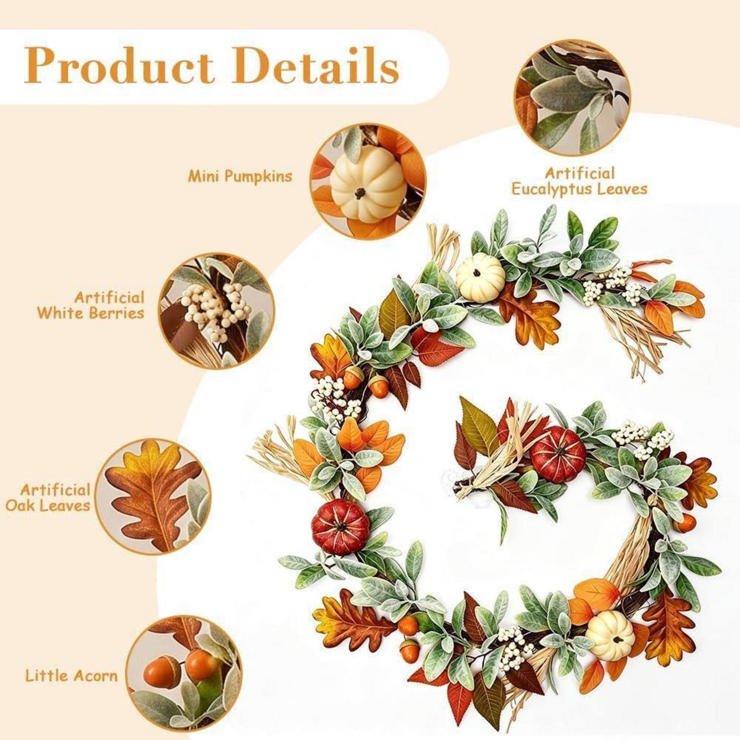 Produktdetailbild, das einen Herbstkranz aus künstlichen Eukalyptusblättern, kleinen Kürbissen, weißen Beeren, Eichenblättern und Eicheln zeigt.