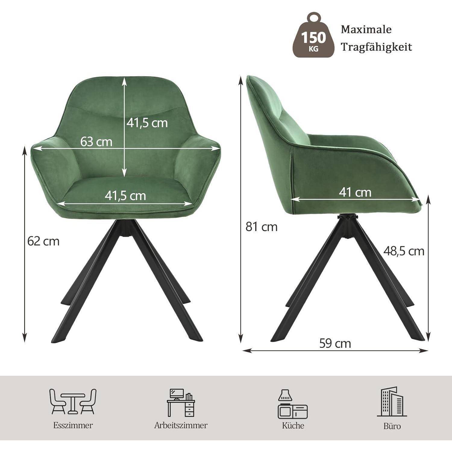 Grüner gepolsterter Esszimmerstuhl mit schwarzen Dreibeinbeinen, dargestellt in Vorder- und Seitenansicht mit Abmessungen und maximaler Tragfähigkeit von 150 kg; geeignet für Esszimmer, Büro, Küche und Arbeitszimmer.