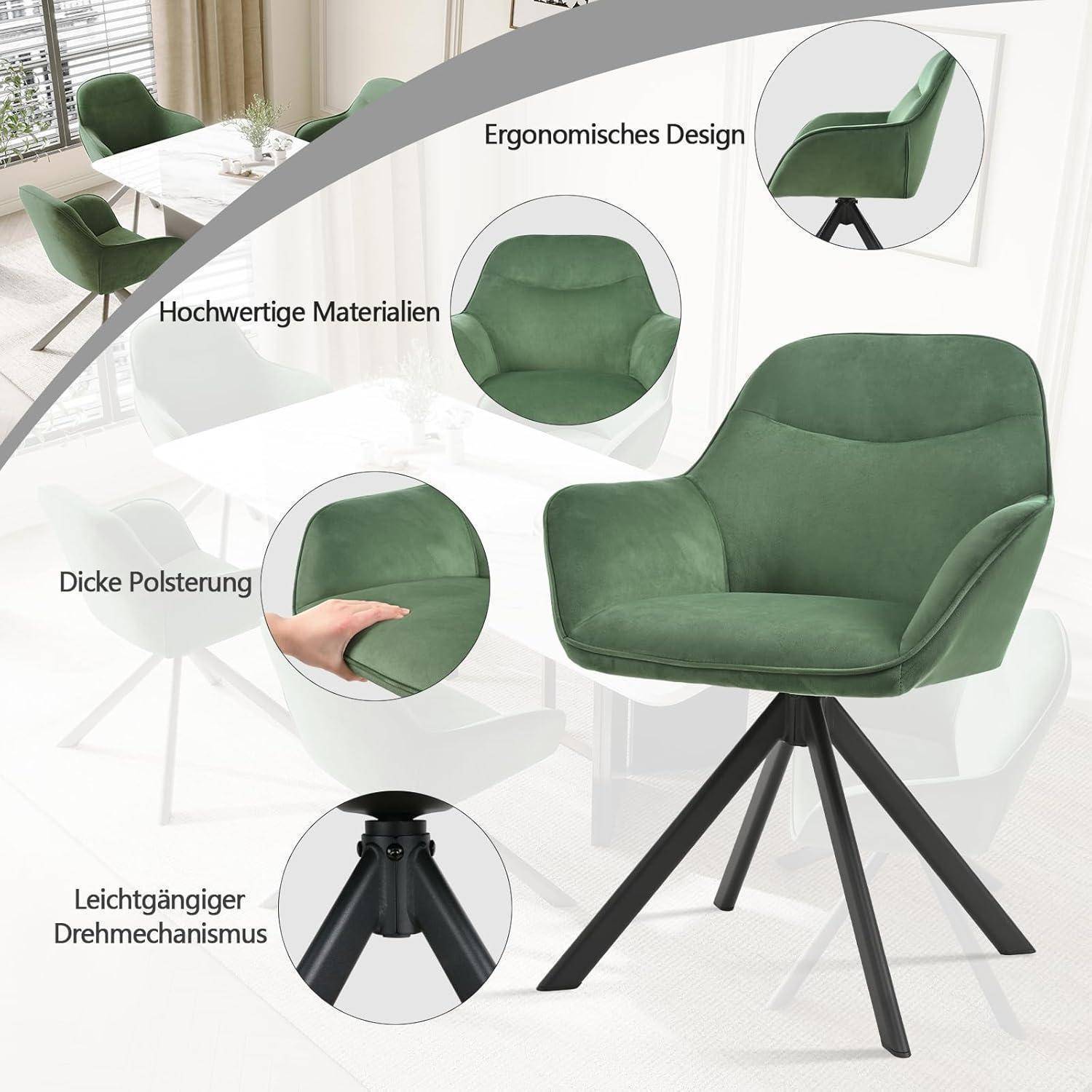Grüner gepolsterter Drehsessel mit schwarzem vierbeinigem Gestell, dargestellt mit deutschen Beschriftungen, die ergonomisches Design, hochwertige Materialien, dicke Polsterung und sanften Drehemechanismus hervorheben.