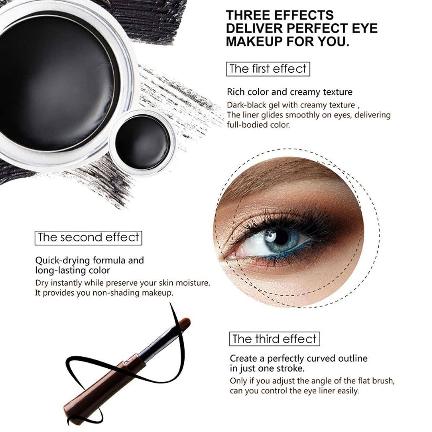Werbe-Grafik für Augenmakeup, die ein Eyeliner-Produkt und eine Nahaufnahme eines Auges zeigt, mit Text, der drei Vorteile hervorhebt: intensive Farbe, schnell trocknende langanhaltende Formel und eine geschwungene Kontur in einem Strich.