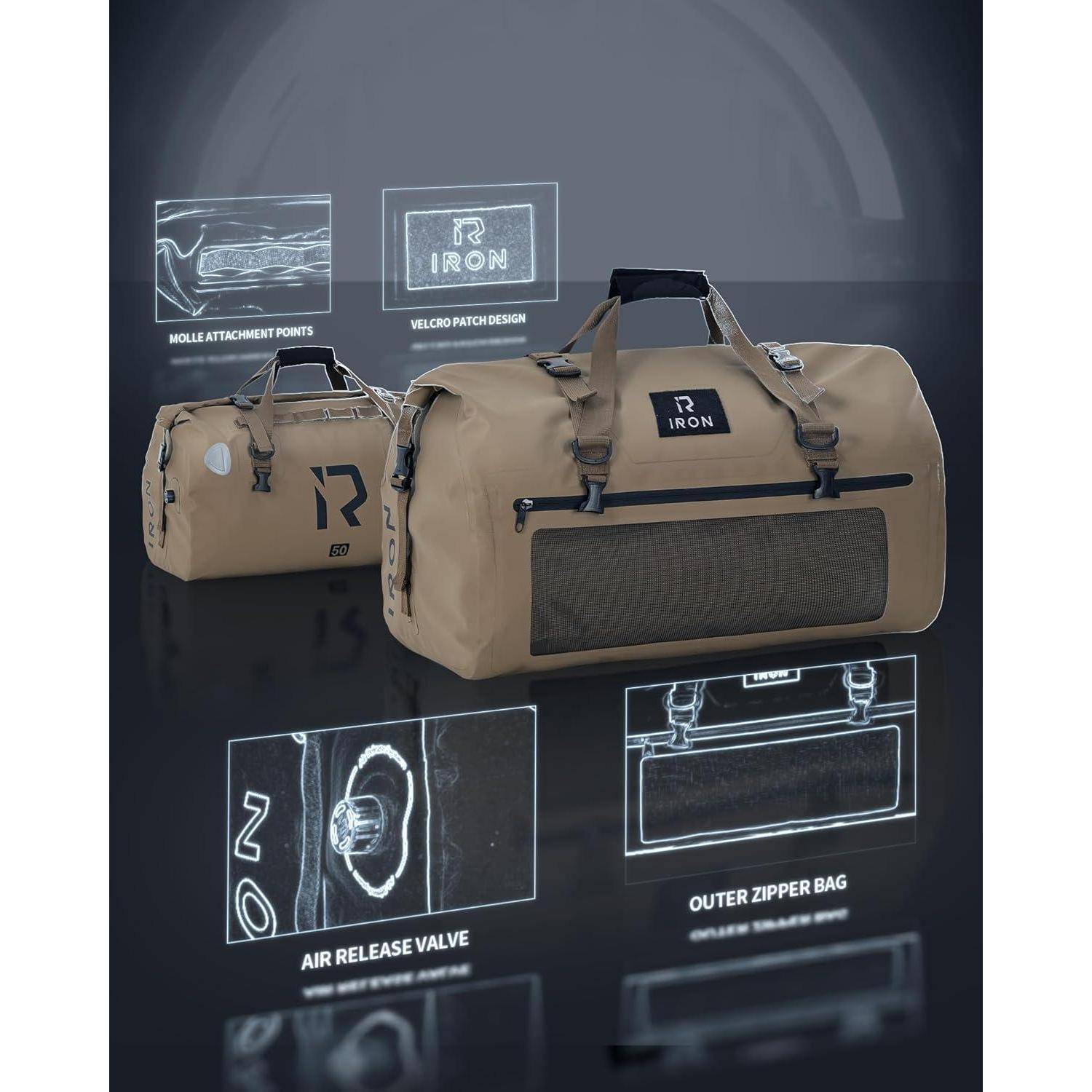 Zwei beige IRON-Reisetaschen mit beschrifteten Merkmalsindikatoren: MOLLE-Befestigungspunkte, Klettverschluss-Patch-Design, Luftablassventil und äußere Reißverschlusstasche.