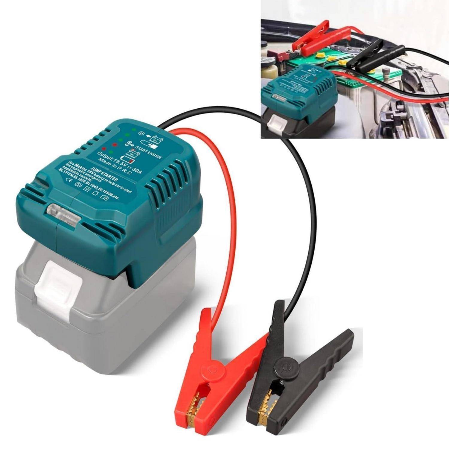 Ein kabelloses Bohrmaschinen-Batterieadapter mit roten und schwarzen Krokodilklemmen, wobei ein Einfügungsfoto zeigt, wie es an den Stromwerkzeug-Batterieanschlüssen angeschlossen ist.
