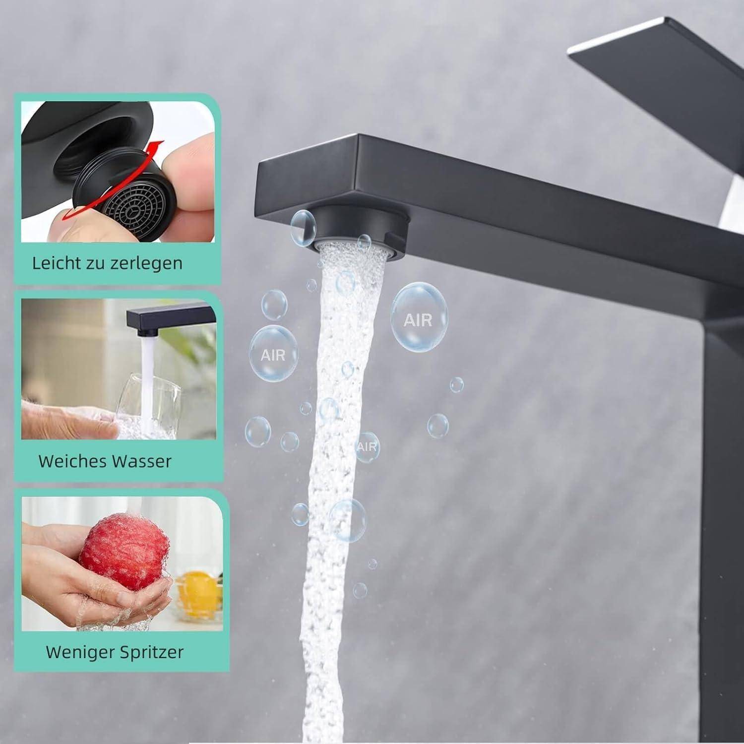 Wasserhahn Bad Schwarz, Waschtischarmatur Hoch Waschbecken Armaturen in Edelstahl, Auslaufhöhe für Aufsatzwaschtische, Einhebelmischer Mischbatterie