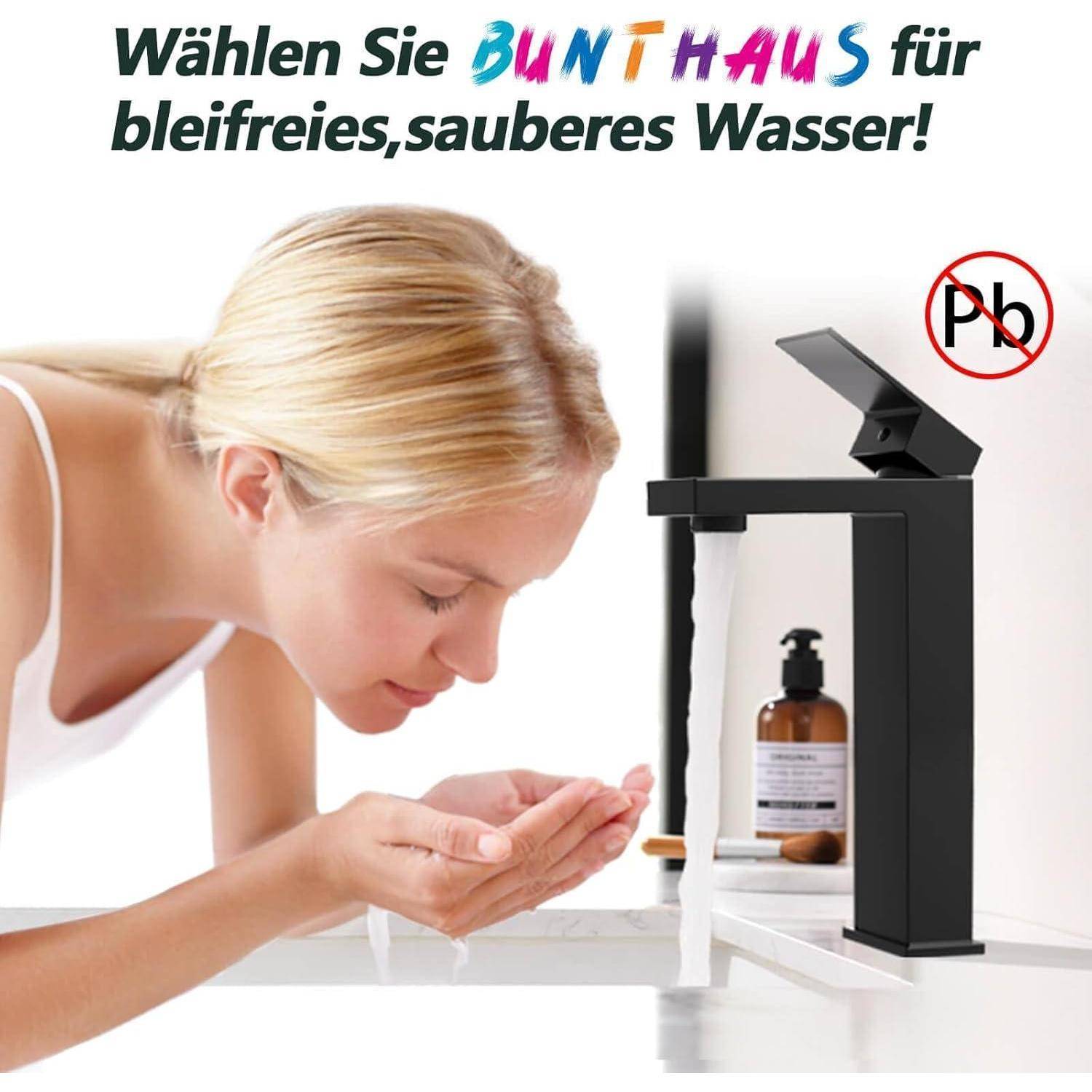 Wasserhahn Bad Schwarz, Waschtischarmatur Hoch Waschbecken Armaturen in Edelstahl, Auslaufhöhe für Aufsatzwaschtische, Einhebelmischer Mischbatterie