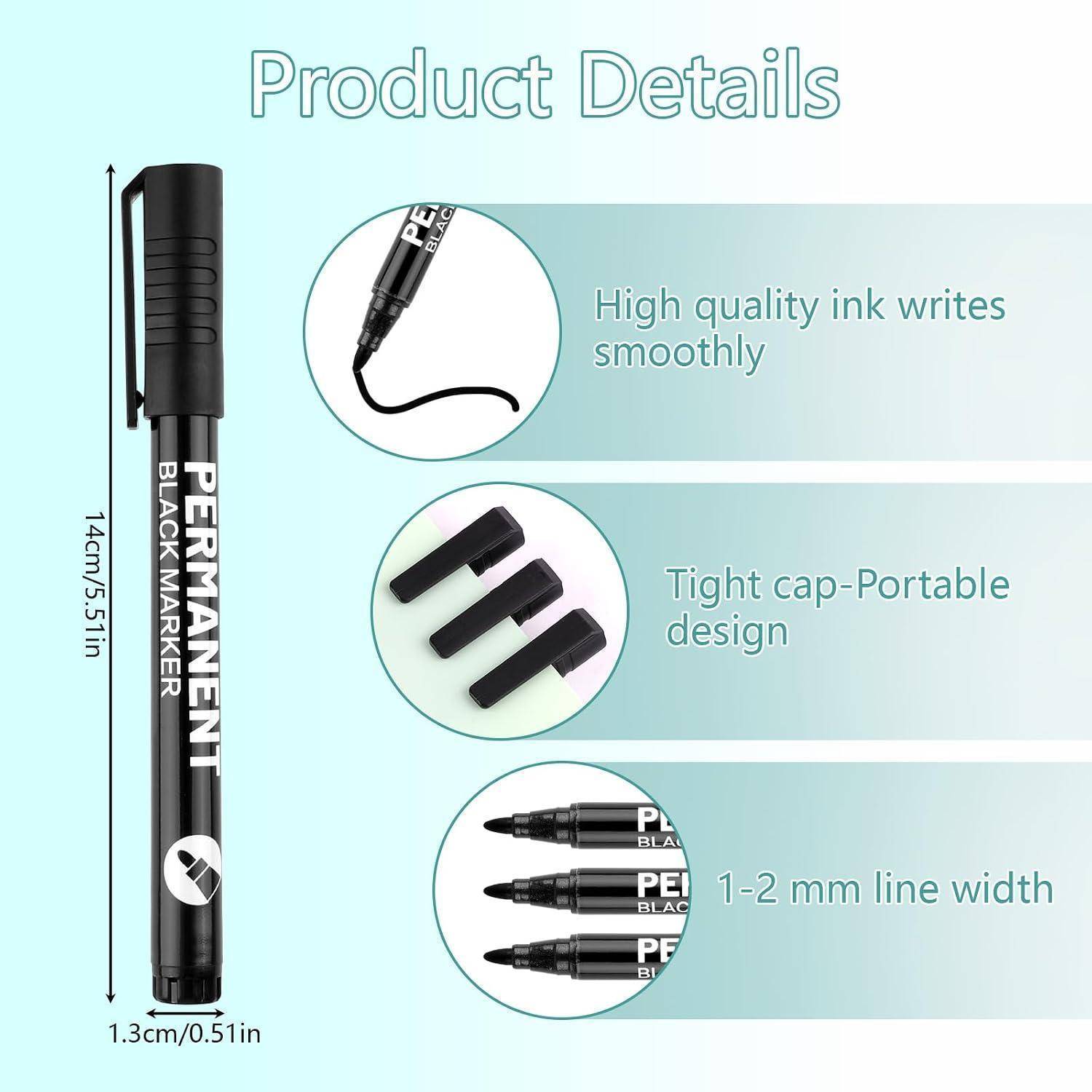 Produktdetails für einen schwarzen Permanentmarker: 14 cm lang, 1,3 cm breit, schreibt geschmeidig, hat eine dichte Kappe und erzeugt Linien von 1–2 mm.