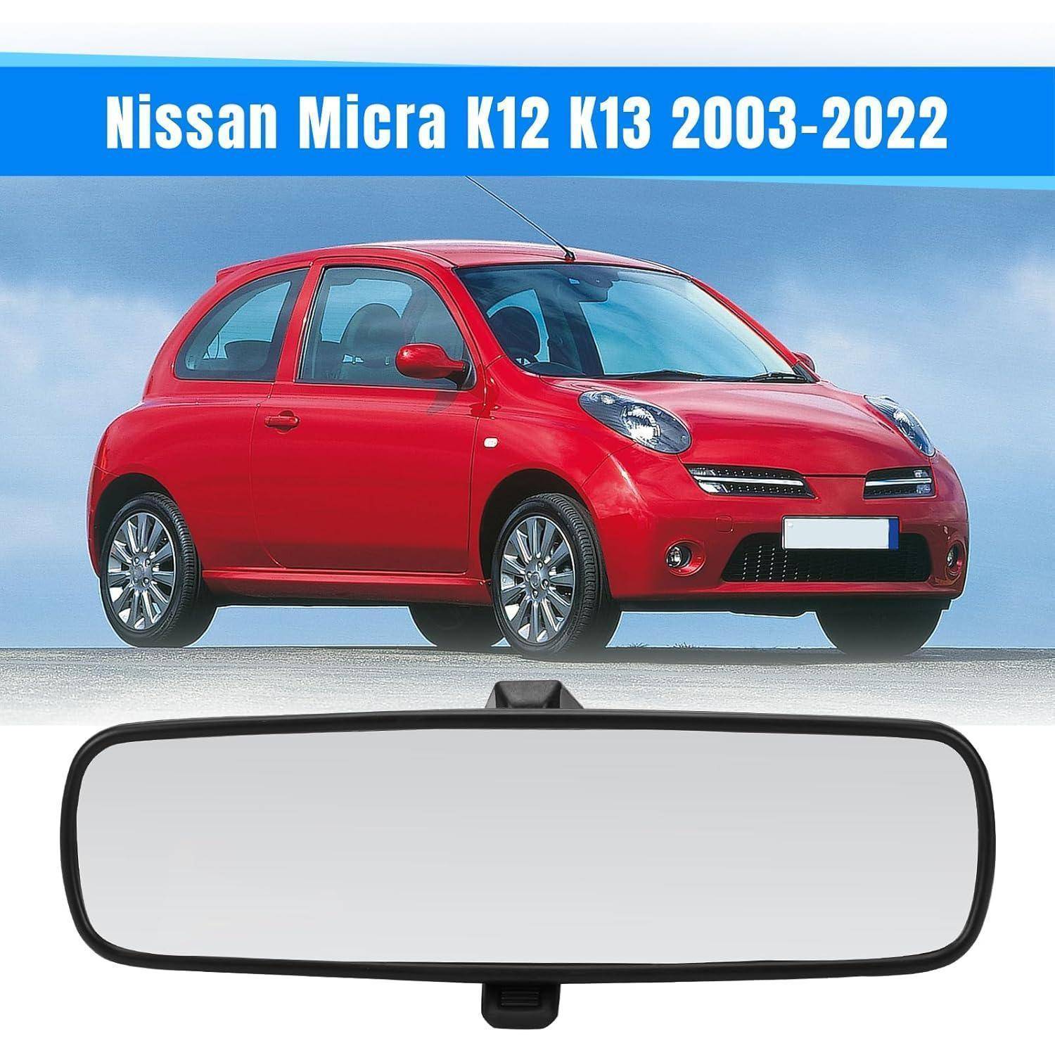 Nissan Micra K12/K13 2003-2022 Außenspiegel-Ersatzteil, das unter einem roten Kleinwagen mit den kompatiblen Modelljahren gekennzeichnet dargestellt ist.